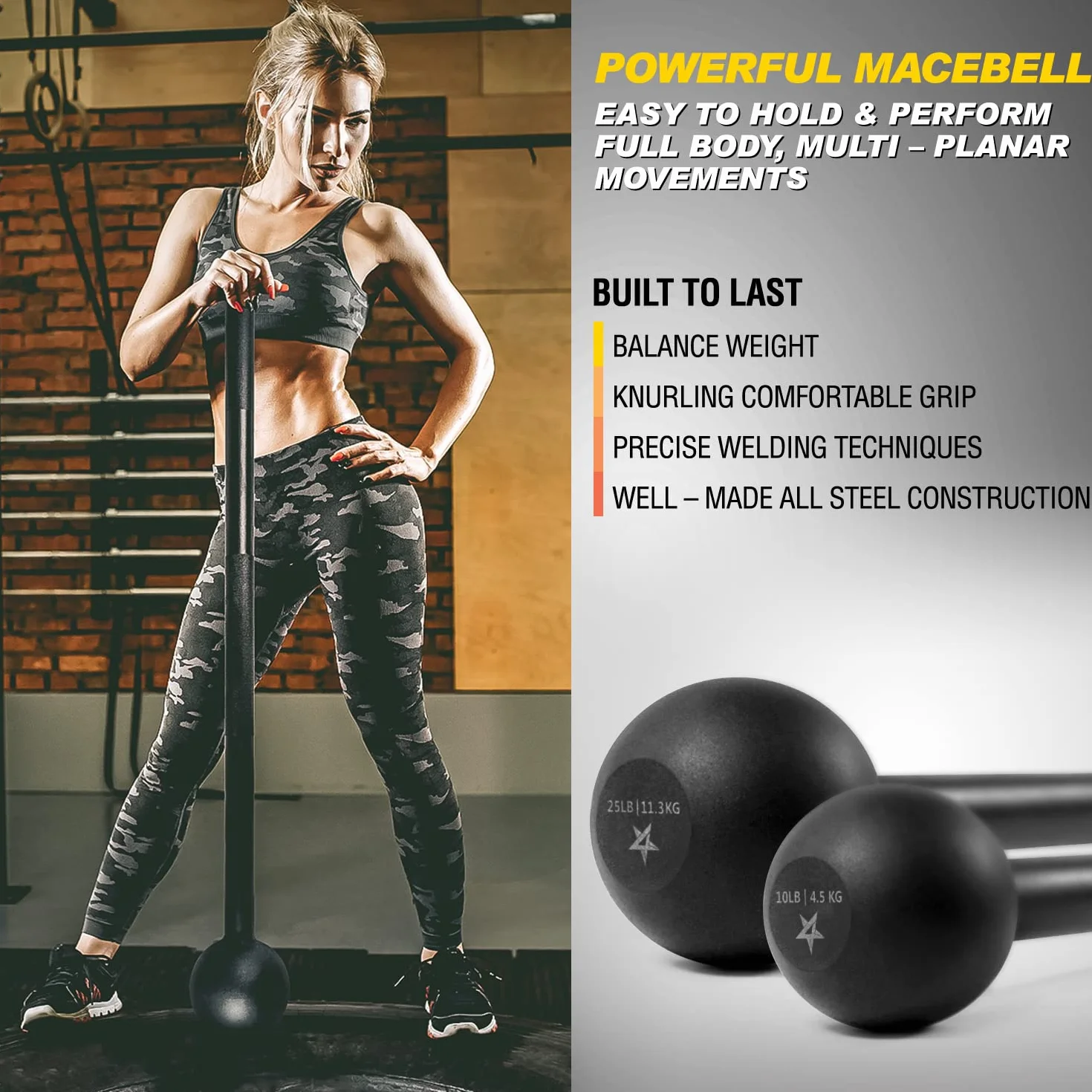 Yes4All Stalowy Macebell 10 funtów do treningu siłowego, czarny