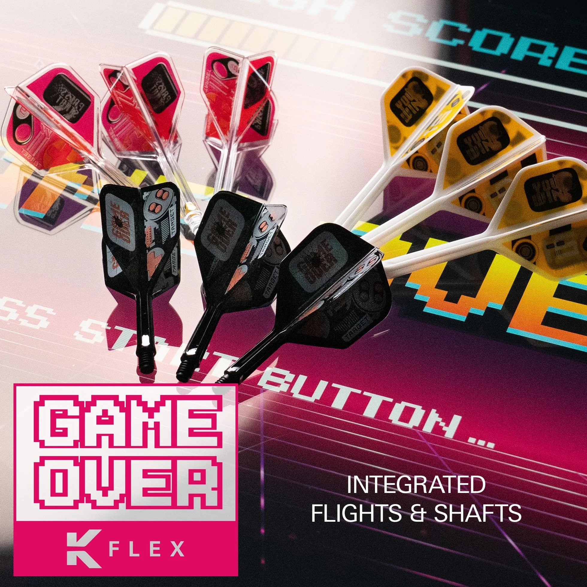 Target Darts K-Flex Game Over, Press Start & You Win No.2 – Zestaw 3 zintegrowanych skrzydełek i trzonków do rzutek, system trzonków odlewanych typu "wszystko w jednym”, Short, Intermediate & Medium.