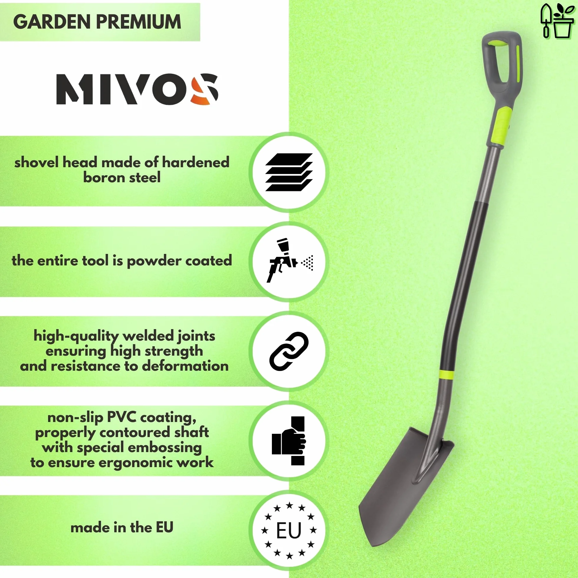 Mivos Profesjonalny Szpadel Spiczasty z Hartowanej Indukcyjnie Stali Borowej - 121 cm - Wzmocniona Konstrukcja - Ergonomiczny - Ostry Szpadel Budowlany Ogrodowy - Wyprodukowany w Polsce