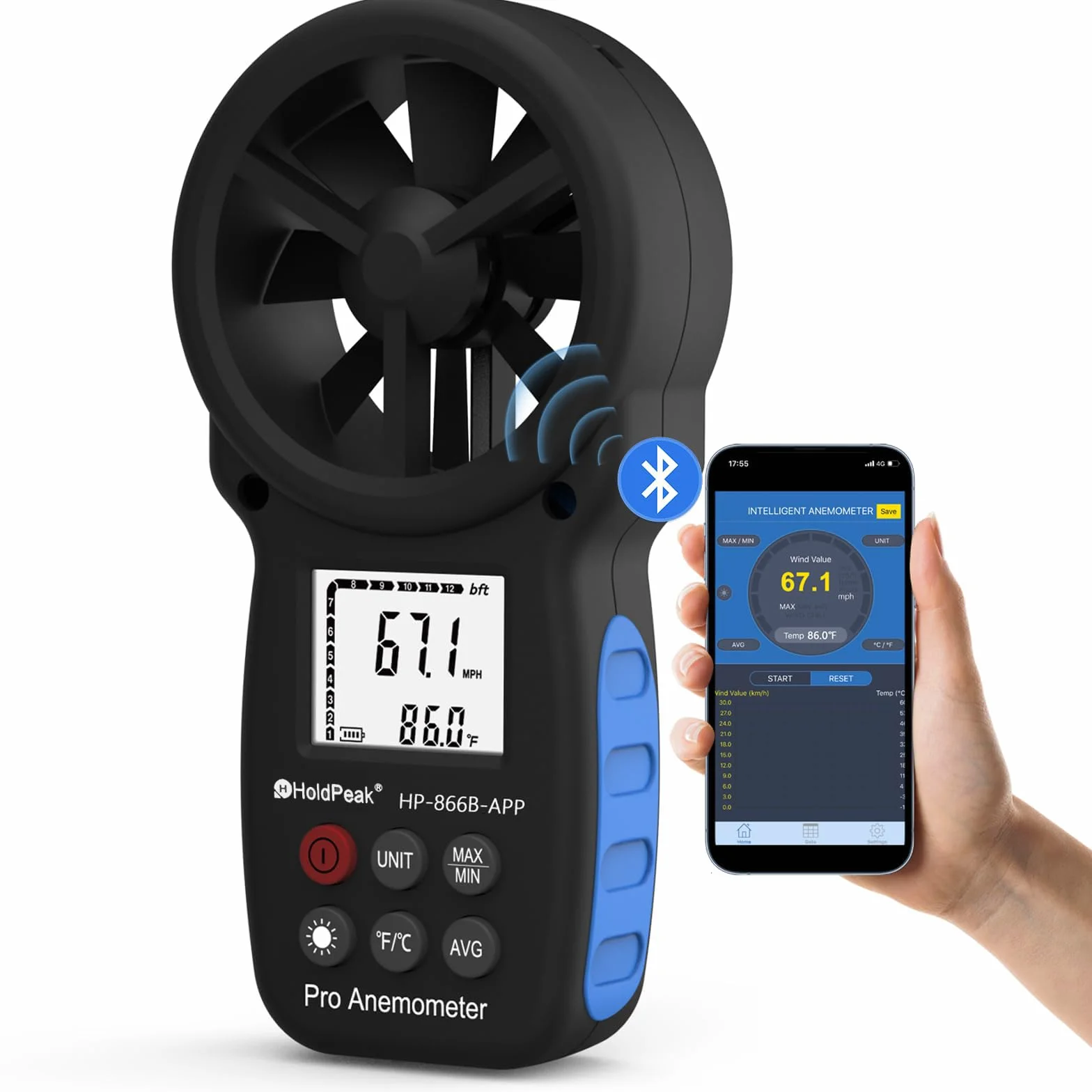 HoldPeak Cyfrowy anemometr HP-866B-APP Prędkość wiatru z bezprzewodowym połączeniem Bluetooth do pomiaru temperatury wiatru, nawigacji w locie, strzelanie, żeglarstwie