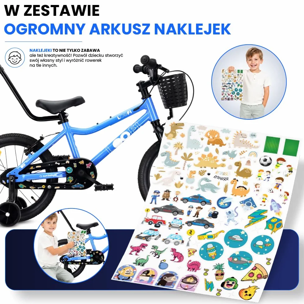 Sun Baby Rower Dziecięcy LOOFI 12 14 16 Cali, Dziewczęcy i Chłopięcy 2-6 Lat, Max 50 kg - lekka rama aluminiowa, z kółkami bocznymi, koszykiem, dzwonkiem, naklejkami