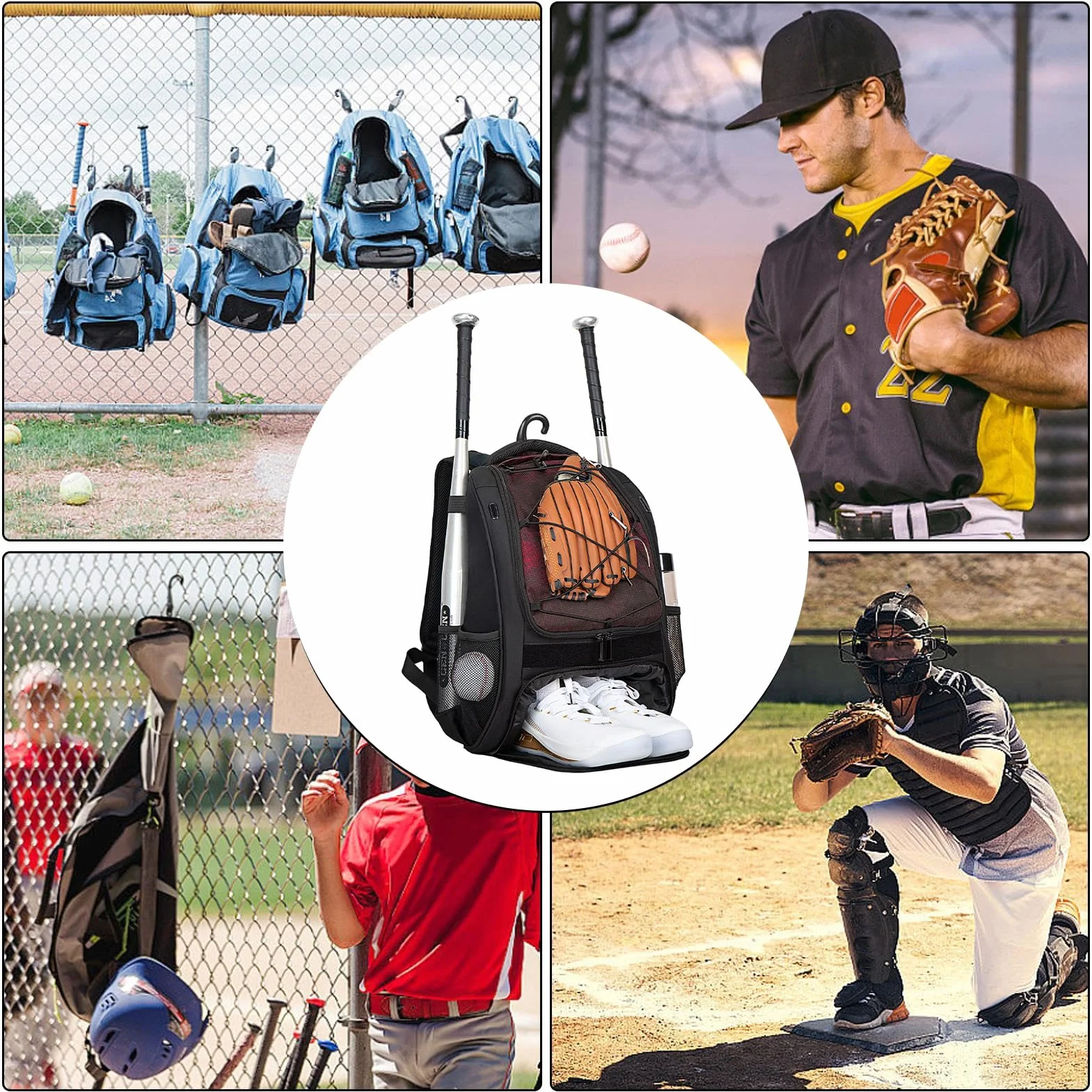 Générique Torba baseballowa dla, torba baseballowa, plecak softballowy z przegrodą na buty dla chłopców - kij o dużej pojemności na kaski, buty, kije