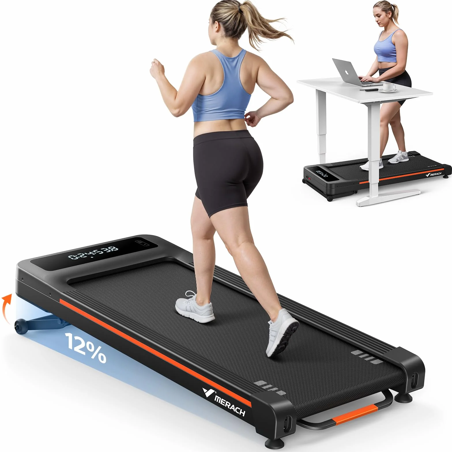 MERACH Podkładka do chodzenia, bieżnia do domu z automatycznym nachyleniem 12%, maks. 180 kg, cichy silnik 3,5 KM