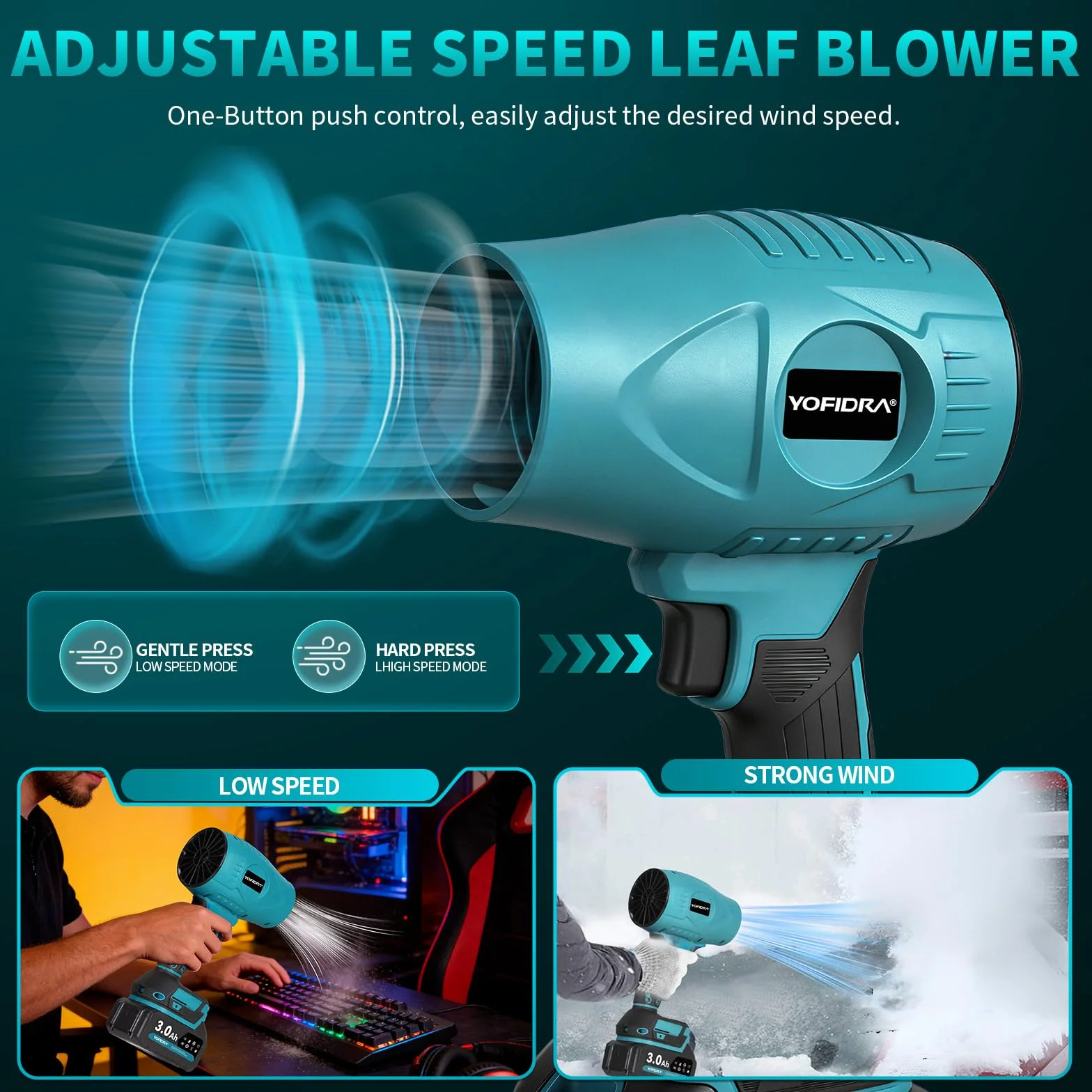 Yofidra Turbo Gebläse, 160m/s akumulatorowa dmuchawa do liści z 2x3000mAh akumulatorami i szybkim ładowaczem, 280 000 obr/min, zmienna regulacja prędkości obrotowej, zatyczki do uszu, akumulatorowa