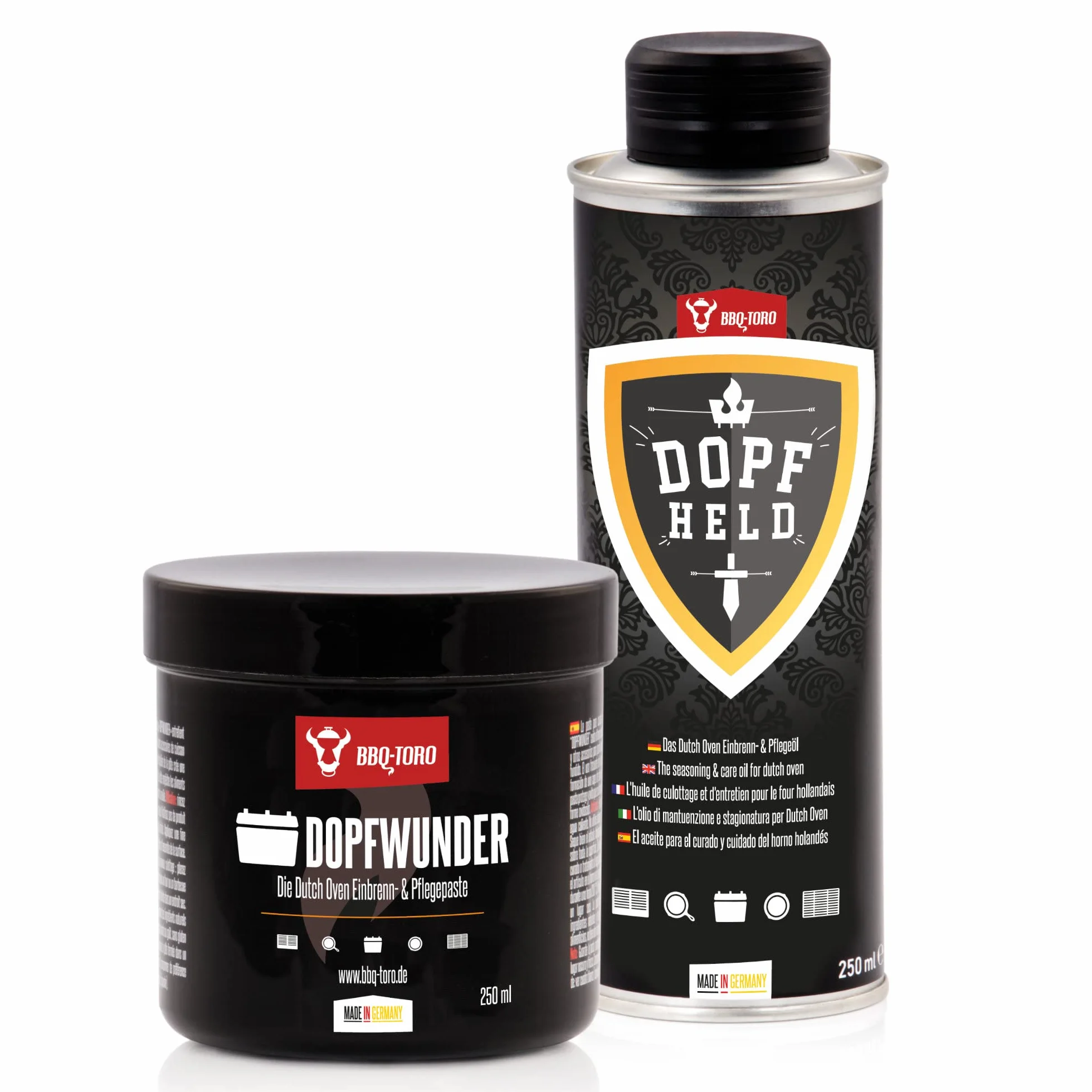BBQ-Toro Zestaw do pielęgnacji Dutch Oven z pastą pielęgnacyjną DOPFWUNDER 250 ml i olejkiem pielęgnacyjnym DOPFHELD 250 ml | pielęgnacja żeliwnych akcesoriów do grilla | pasta do pieczenia również do