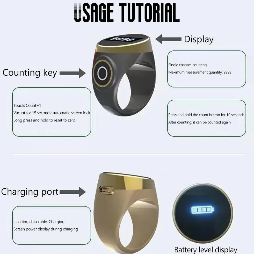 Smart Tasbih Tally Counter Ring, licznik cyfrowy, licznik palców, licznik palców do modlitwy i chodzenia