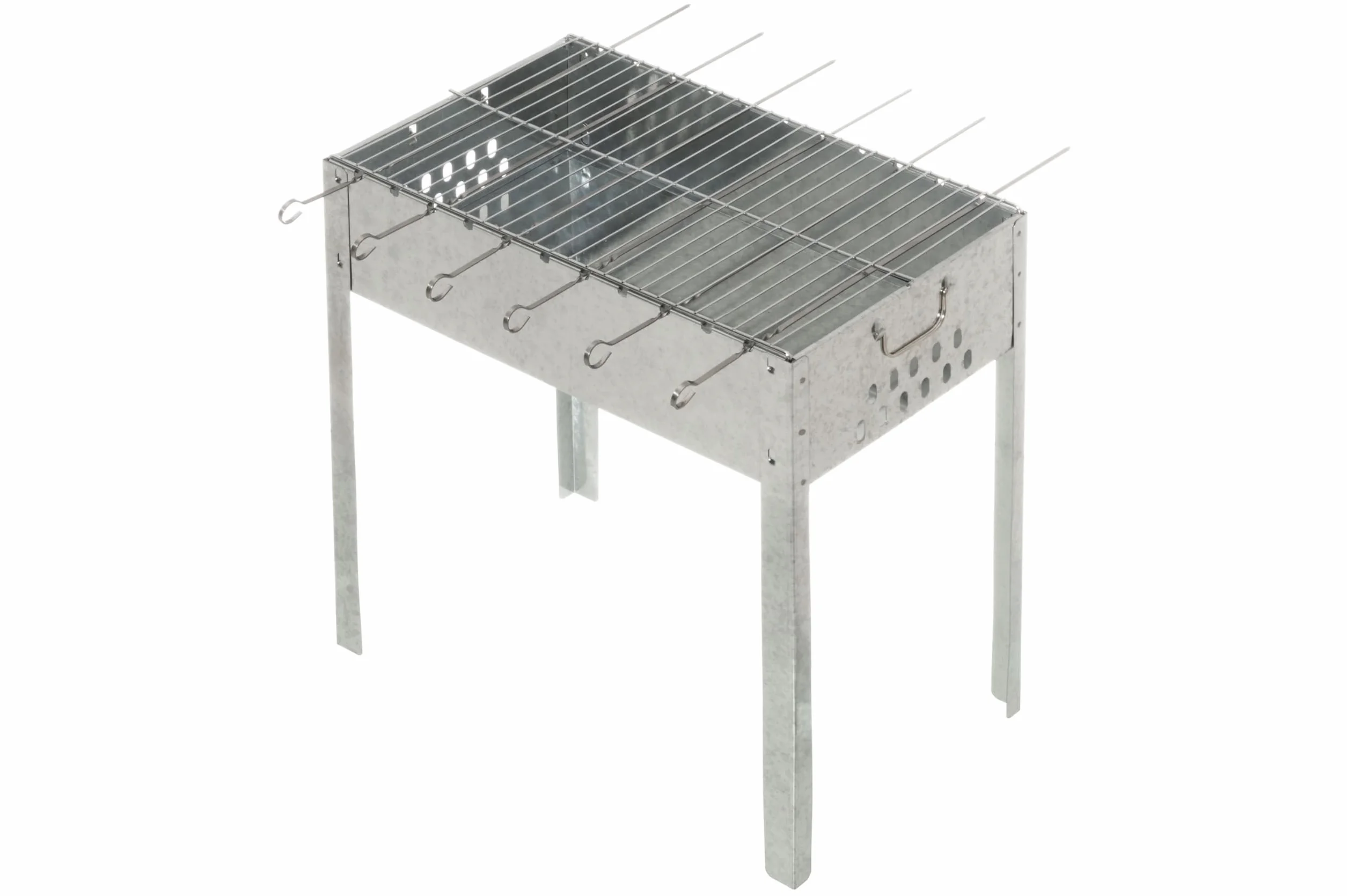 Mangal grill na szpikulce, do szaszłyków, 50 x 30 x 50 cm, w zestawie 6 szpikulców ze stali nierdzewnej i rusztem do grillowania