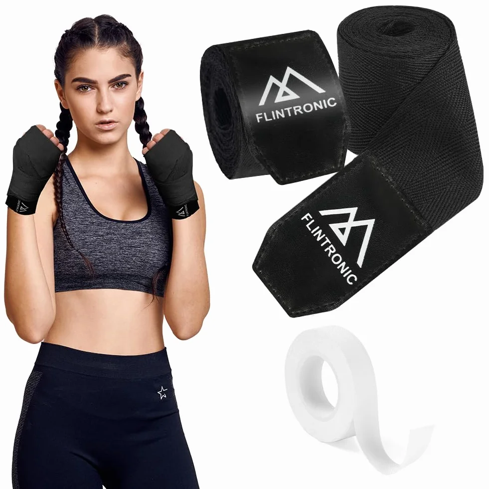 flintronic Rękawice wewnętrzne, bandaże do sztuk walki, 2,5 m, elastyczne bandaże na kciuk, do MMA, treningu, muay thai, kickboxingu i sportów walki, czarne
