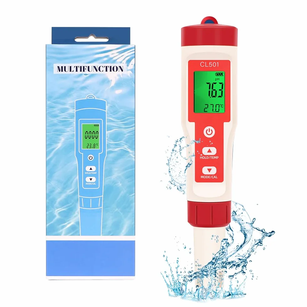 OBEST Miernik chloru i pH basen 5 w 1, phmetr ORP H2 Temperatura, test twardości wody, tester pH do basenu z wyświetlaczem LCD, miernik pH wody pitnej, spa lub laboratorium