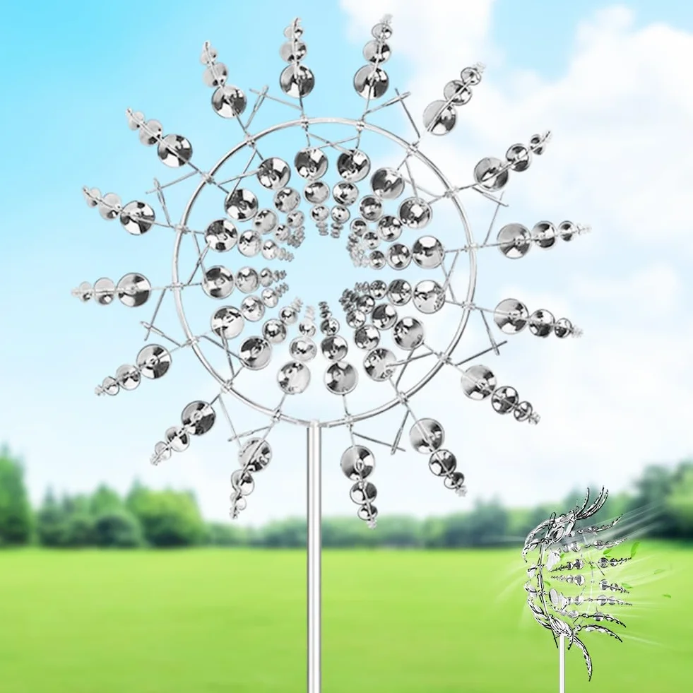 DASIAUTOEM Magiczny wiatrak 3D, ze stali nierdzewnej, dzwonki wietrzne do ogrodu ze słupkiem ogrodowym, spinner wiatrowy do użytku na zewnątrz, podwójny wirnik 360°, kinetyczny spinner wiatrowy na