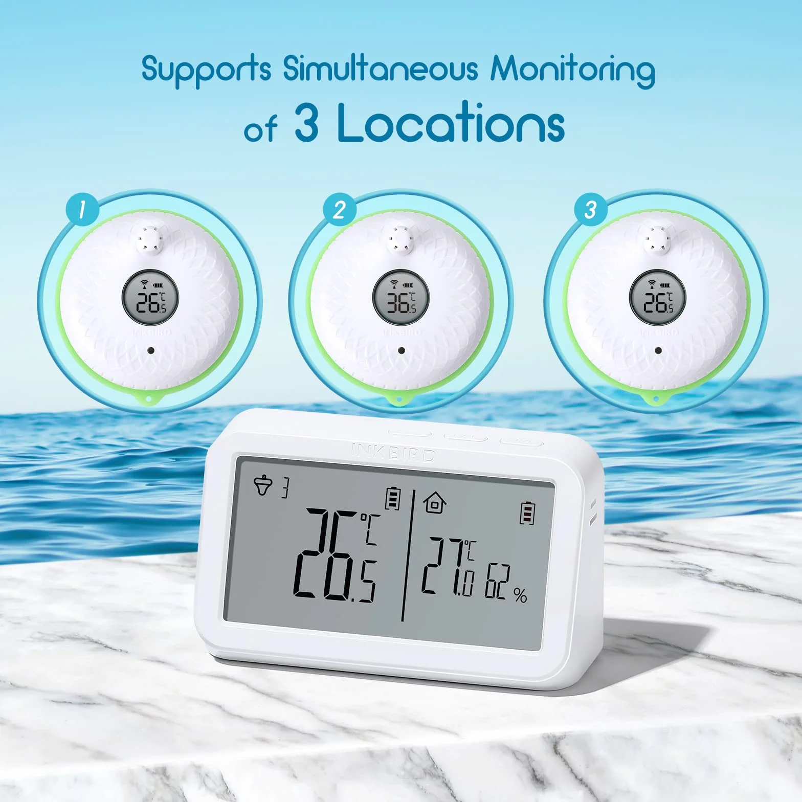 INKBIRD IBS-P02R Bezprzewodowy pływający termometr do basenu z monitorem temperatury i wilgotności, duży ekran do basenu, akwarium