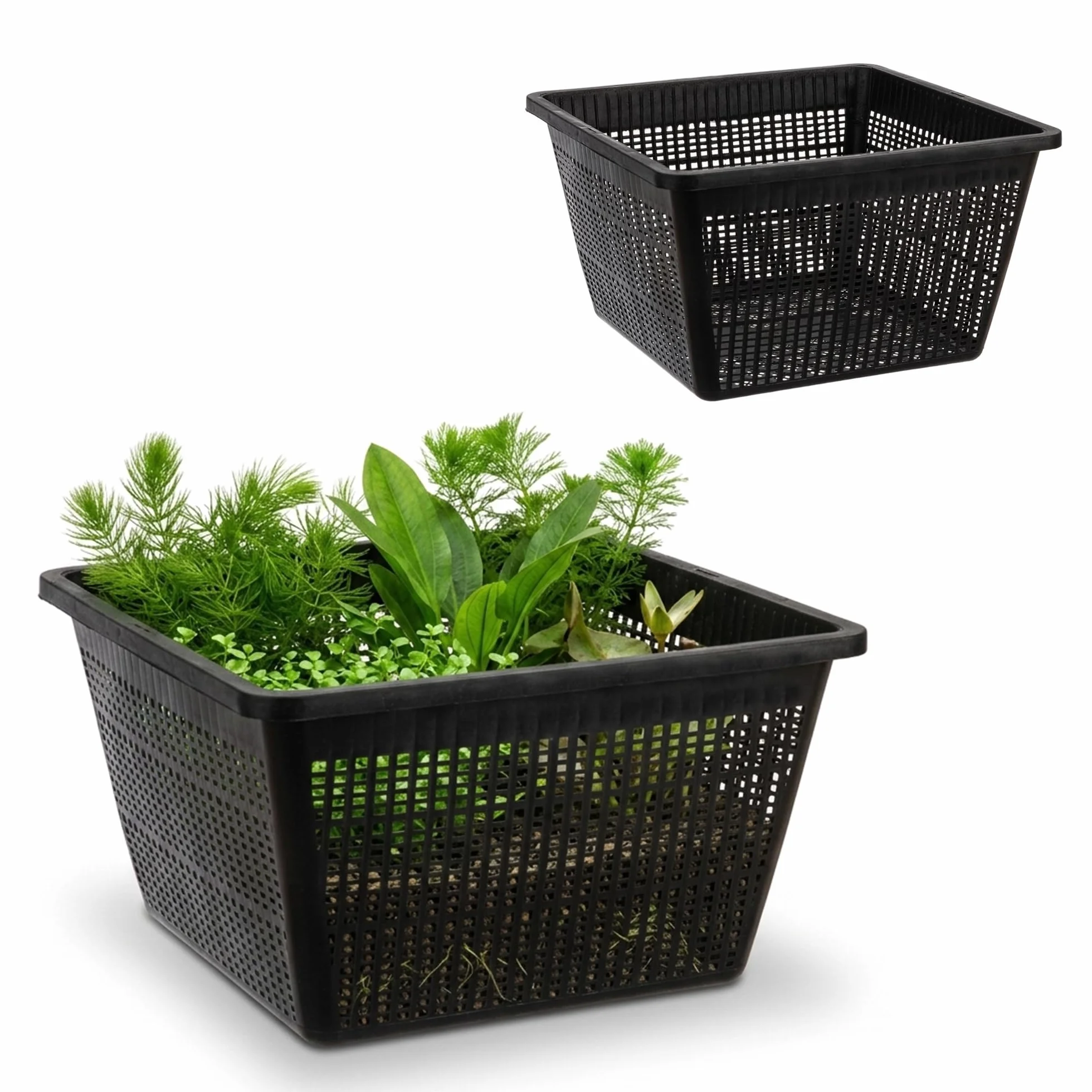 HAPPET Koszyk do roślin wodnych stawowy 19×19 cm kwadratowy – czarny, trwała donica do oczek wodnych, zapobiega wypłukiwaniu podłoża