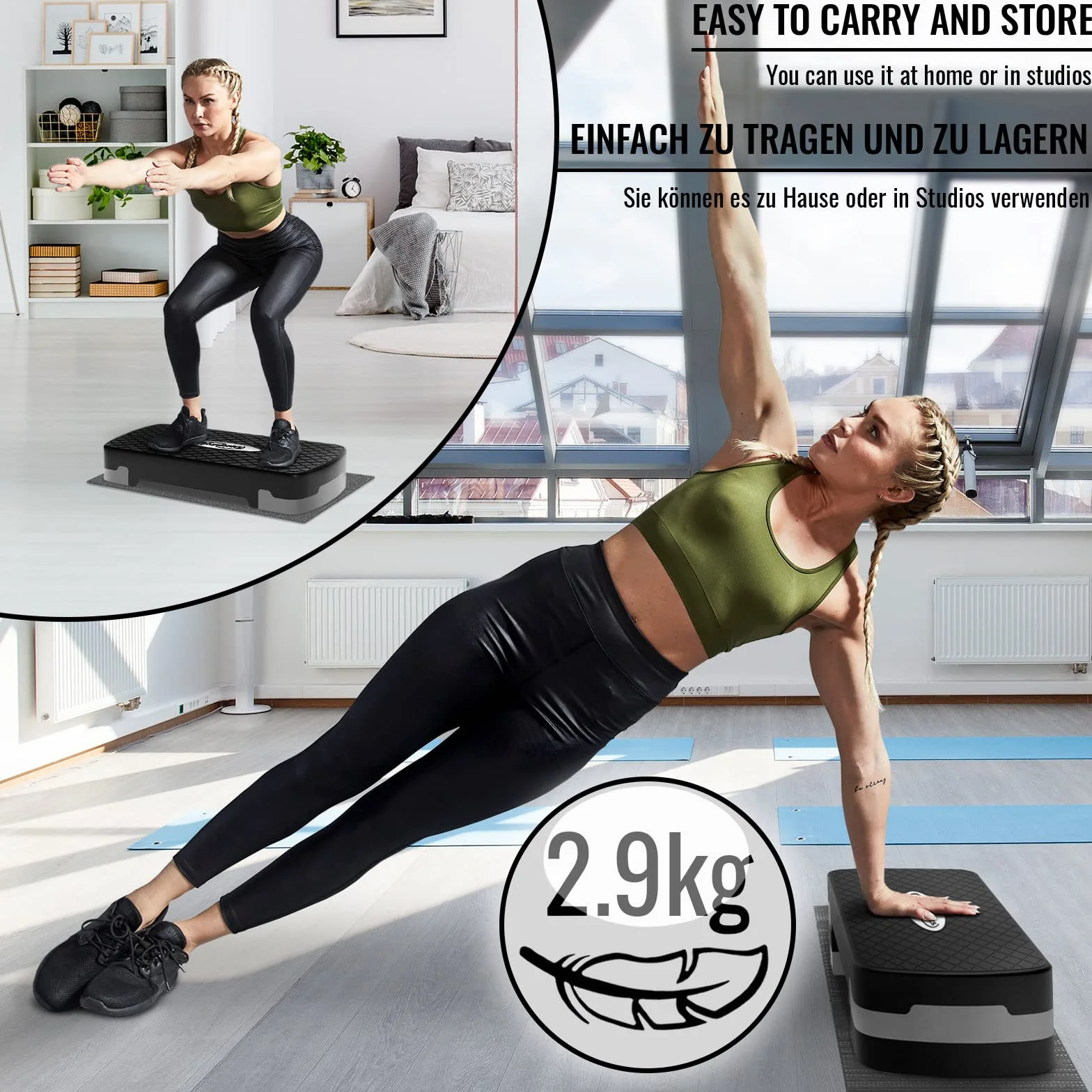 Deska do aerobiku Physionics® - 3poziomy(10/15/20cm),regulacja wysokości, antypoślizgowa gumowa osłona, maks. 200kg - Stepper fitness, Stepboard, Bench, Bench, Cardio do ćwiczeń w domu