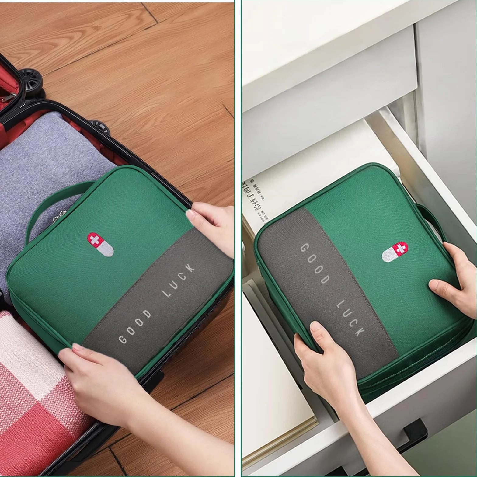 WuGU torba na lekarstwa, 2 szt.przenośna torba na lekarstwa, pusta torba pierwszej pomocy z 2 pudełkami na tabletki, torba do przechowywania leków, do szkoły, na podróż, kemping i wędrówki (zielony)