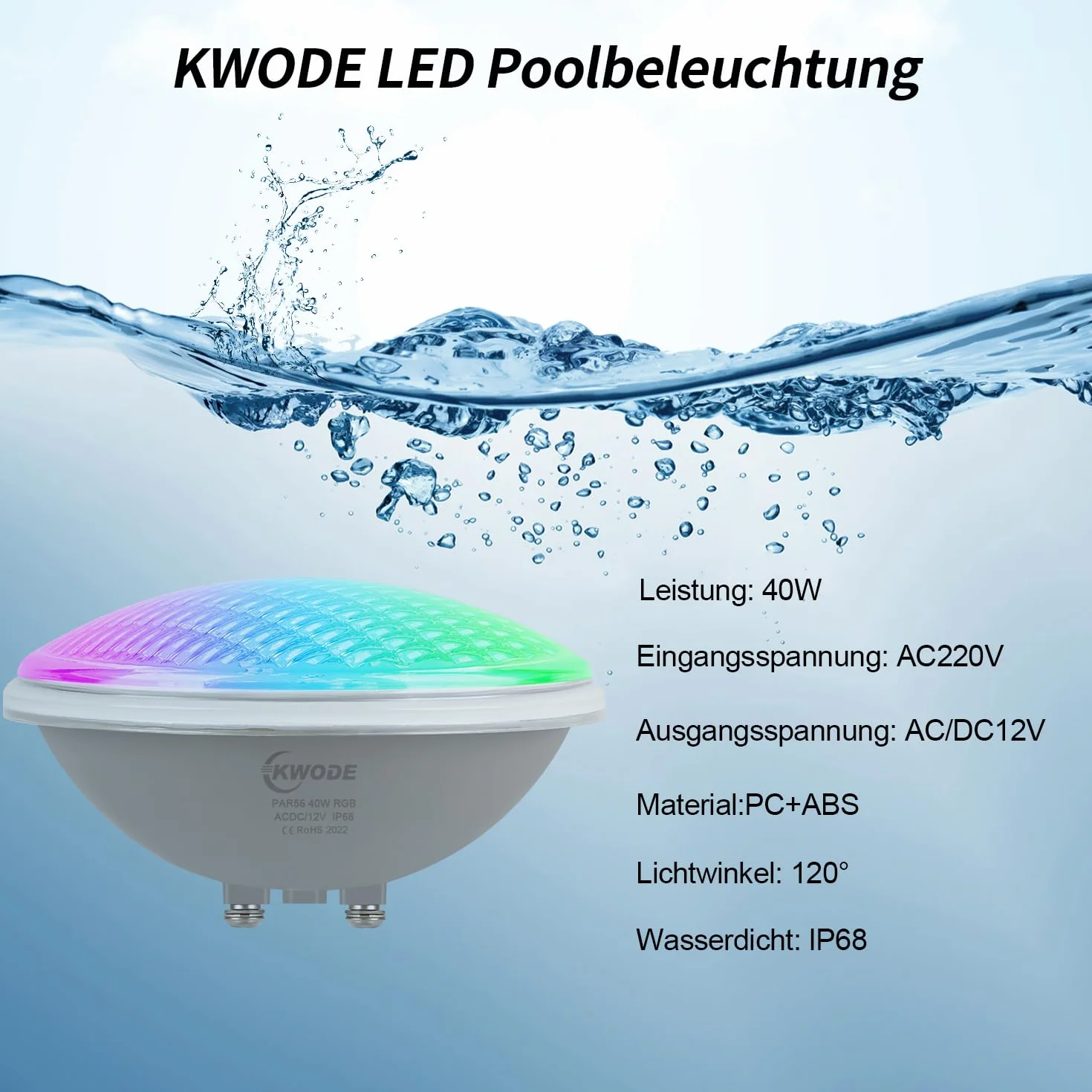 PAR56 oświetlenie basenowe LED, 40 W, RGB, klasa wodoszczelności IP68, z pilotem zdalnego sterowania, reflektor podwodny, sterowanie włącznikiem, 12 V AC/DC