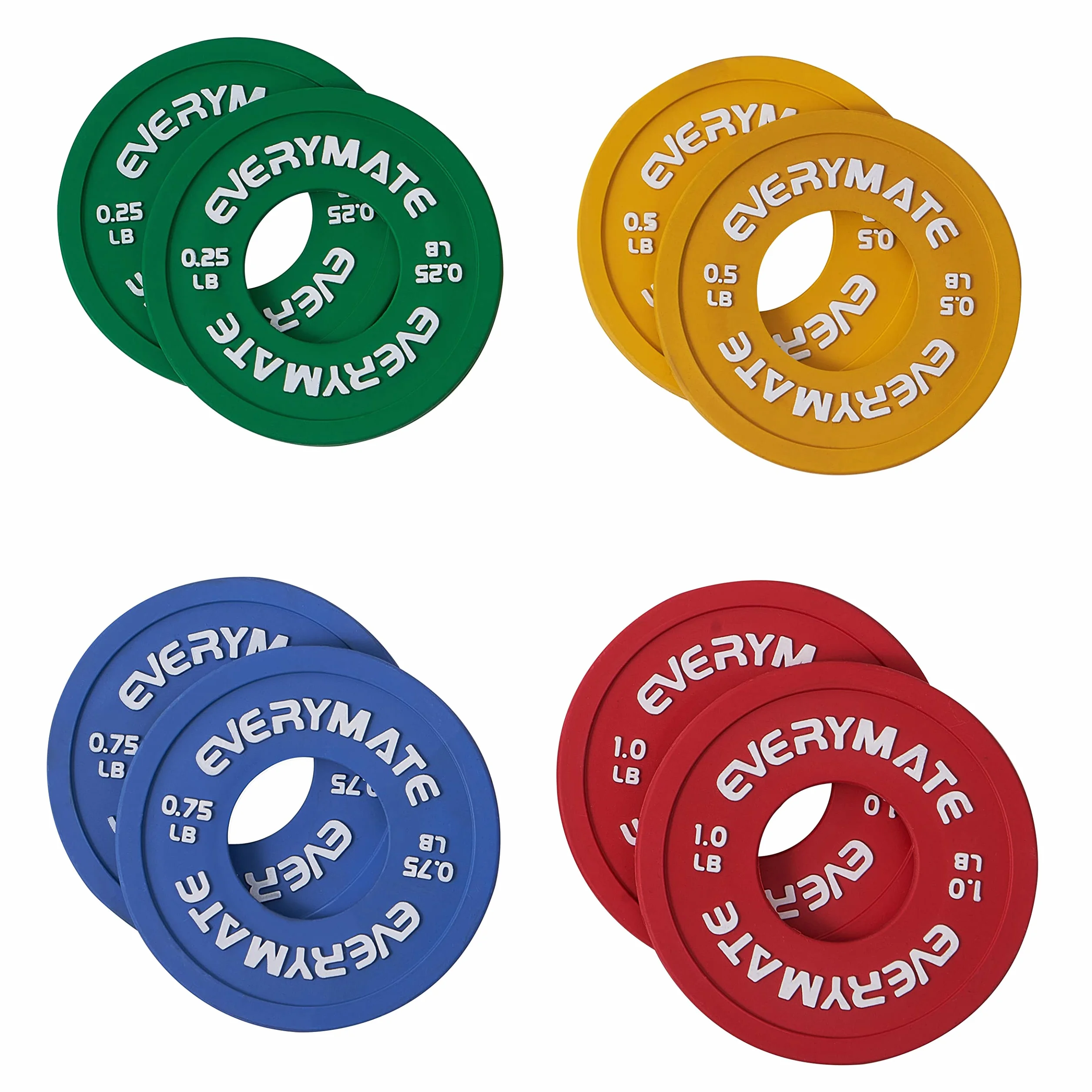 EVERYMATE Gumowe ułamkowe talerze obciążeniowe, zestaw 8 mikrotalerzy, para 0,1 kg, 0,2 kg, 0,3 kg, 0,5 kg, do sztangi olimpijskich do treningu siłowego, mikro talerze, obciążniki