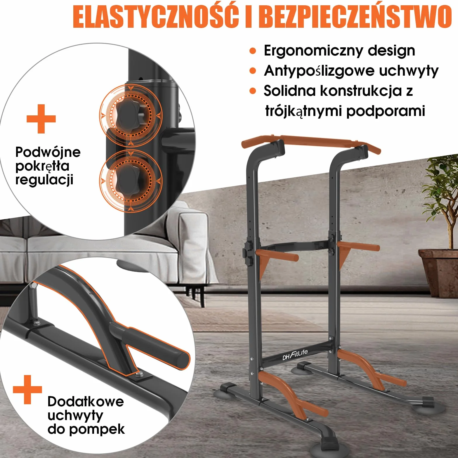 DH FitLife Power Tower Dip Station | Wolnostojący Drążek do Podciągania | Dipy i Trening Pleców | Stacja do Dipów | Stacja Treningowa do Domowej Siłowni | Trening Siłowy w Domu