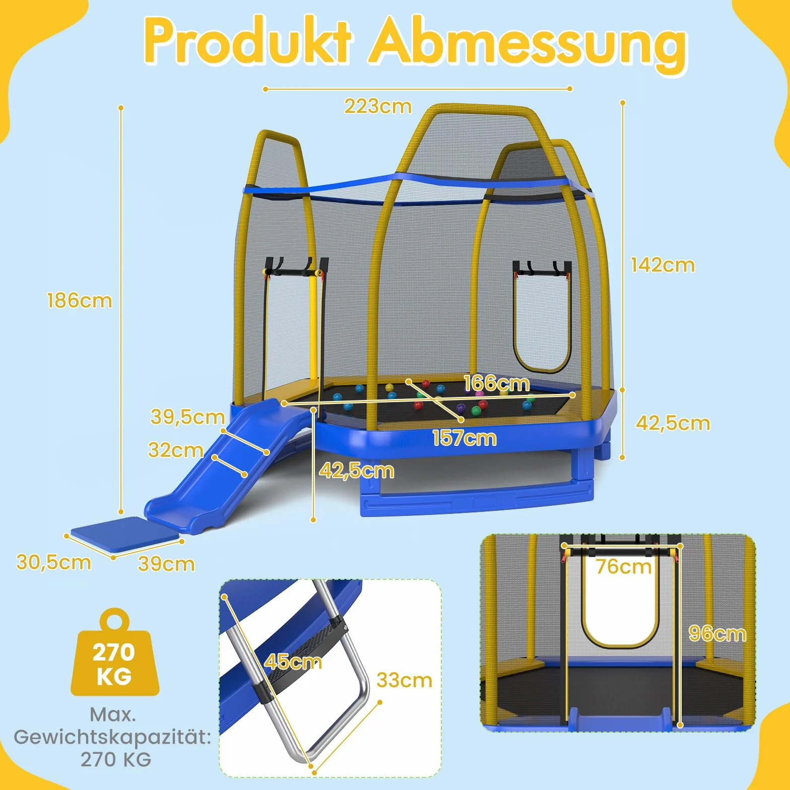 COSTWAY φ223 cm trampolina ogrodowa ze zjeżdżalnią, trampolina zewnętrzna do 270 kg, trampolina dziecięca z drabinką, siatką zabezpieczającą, osłoną krawędzi i piłkami oceanicznymi, dla 3+ lat