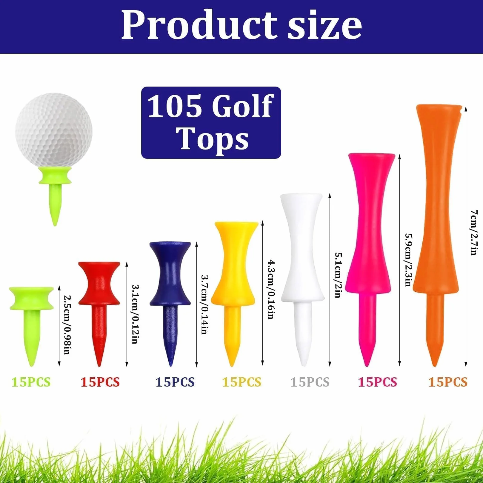 Zestaw 105 sztuk herbat golfowych z tworzywa sztucznego, wielokrotnego użytku, plastikowa herbata Castle dla golfistów, krótkie i długie, 7 kolorów 25/31/37/43/51/59/70 mm