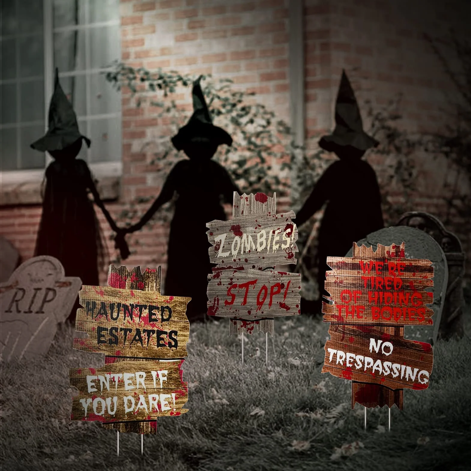 3 różne halloweenowe rekwizyty horroru impreza niebezpieczeństwo 'Keep Out' ogród przewodnik znak dekoracje podwórko cukierek lub psikus dekoracja na zewnątrz falista palik znaki uważaj ostrzeżenie typ 2
