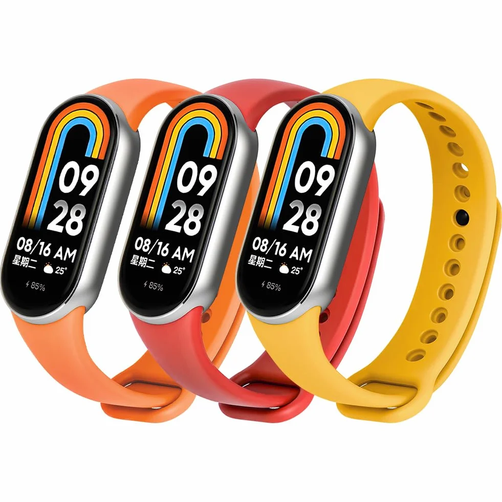 Ainiv 3-20 szt. pasków kompatybilnych z Xiaomi Mi Band 8, 9, 10, miękkie silikonowe paski zastępcze, kolorowe paski do Xiaomi Smart Band 8, 9, 10, 3 szt., pomarańczowy, czerwony, żółty, talla única