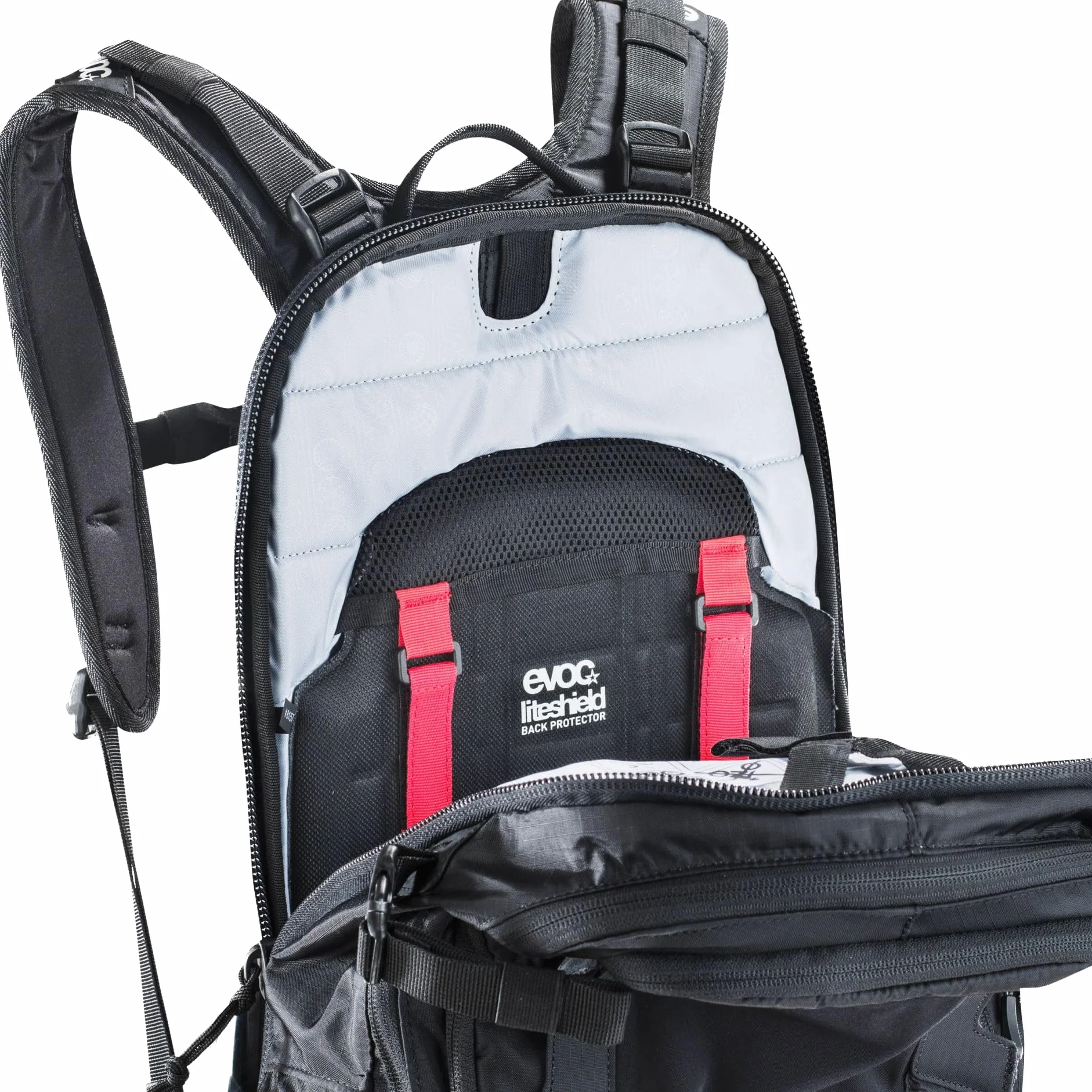 EVOC FR TRAIL BLACKLINE 20l plecak z ochraniaczem, plecak na wycieczki rowerowe i szlaki (LITESHIELD ochraniacz pleców z certyfikatem TÜV/GS, LITESHIELD SYSTEM AIR, rozmiar M/L), czarny