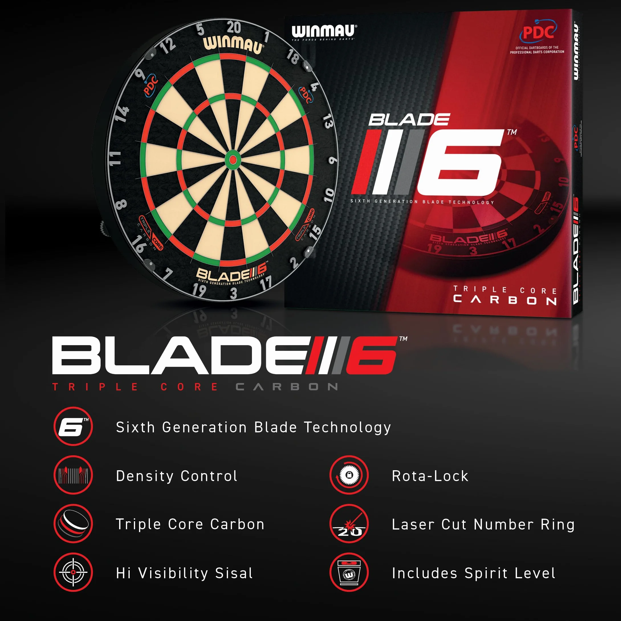 WINMAU Triple Core tarcza do darta z obramowaniem PDC, 2 zestawy stalowych rzutek, system Rota-Lock