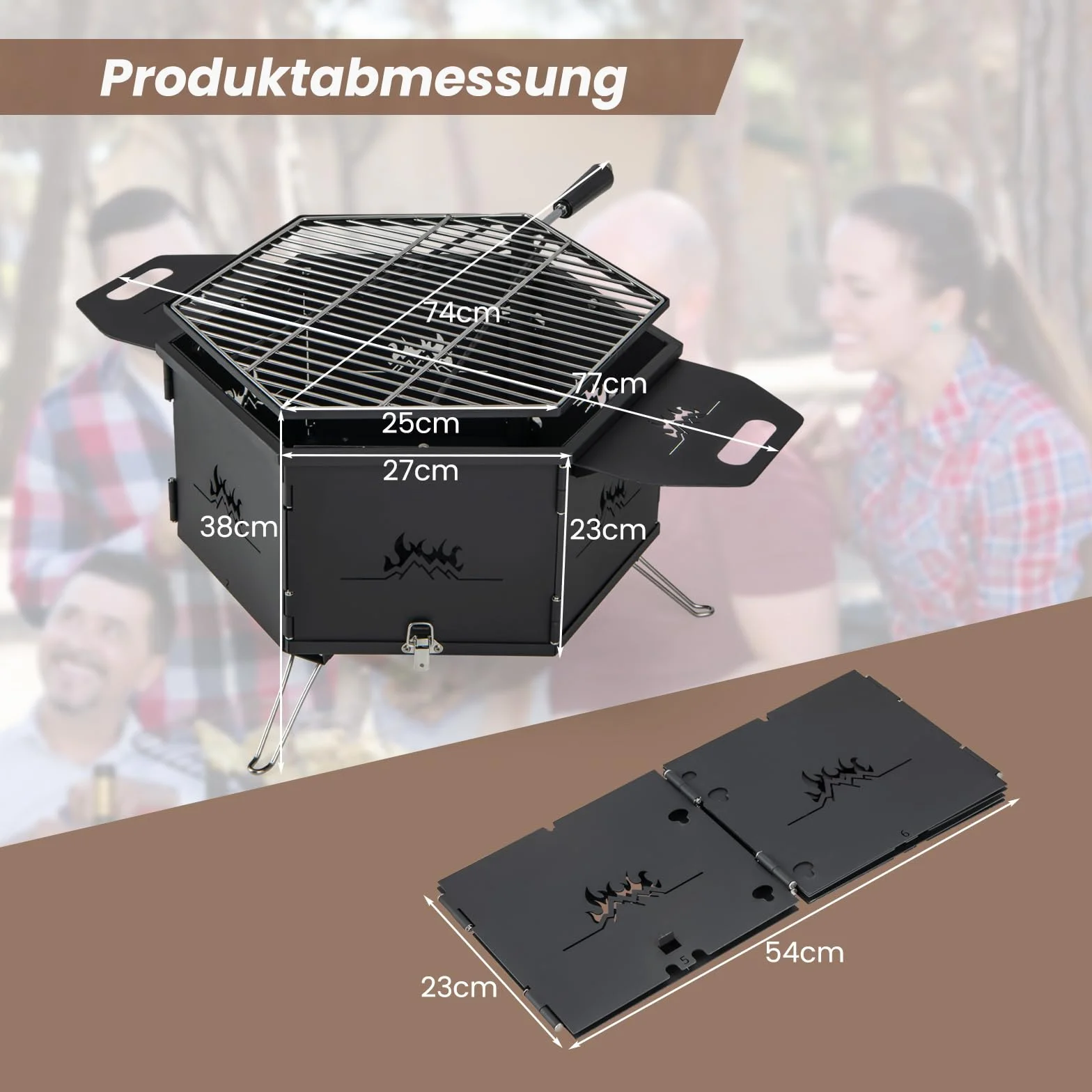 COSTWAY Duży grill na węgiel drzewny, obracany o 360°, palenisko 2 w 1, składany grill, grill kempingowy z uchwytami do gotowania i ogrzewania, na imprezy, kemping, wędrówki z plecakiem, 77 x 74 x 38