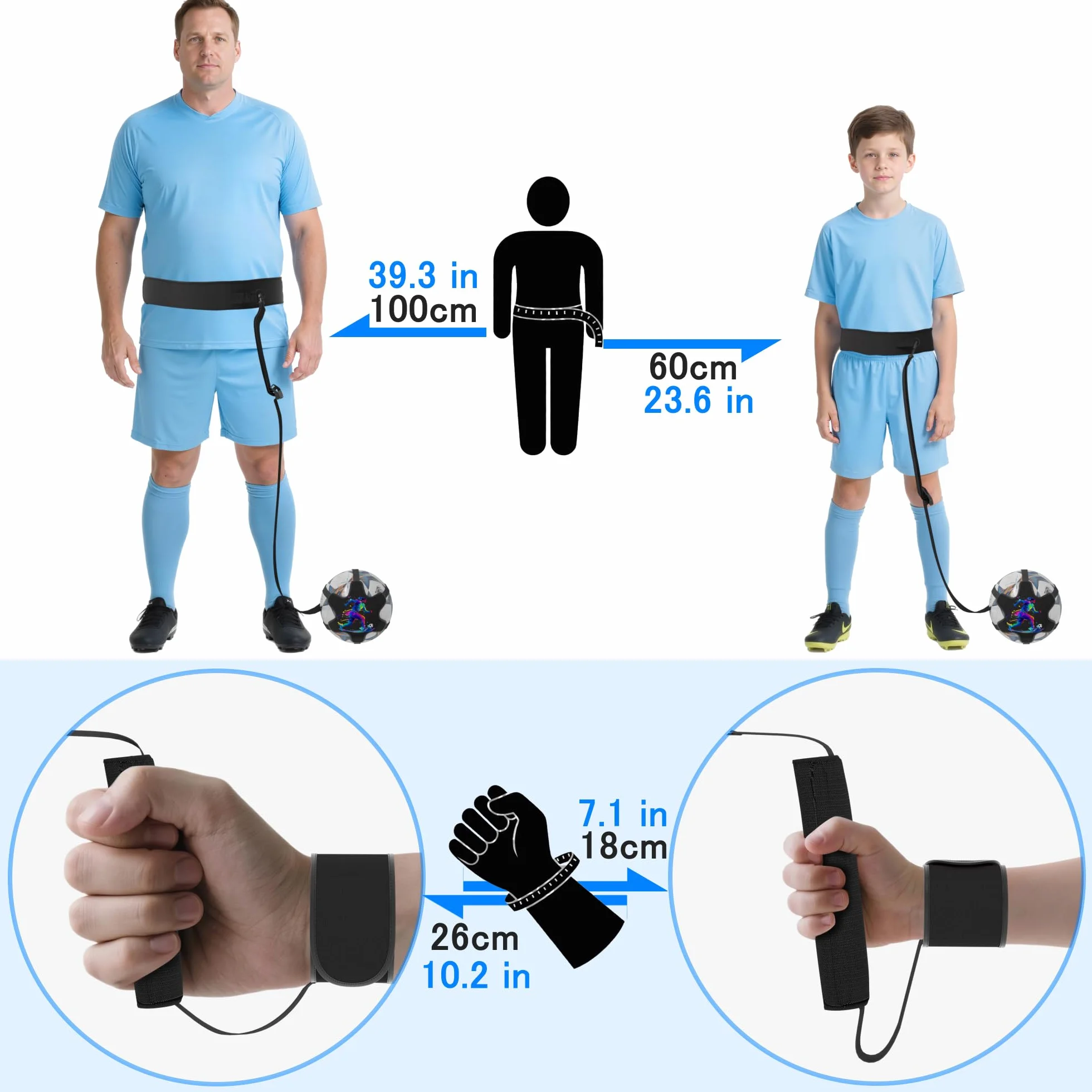 READAEER Trening kickingu 2 w 1 (piłka nożna nie wchodzi w zakres dostawy) | Solo Kick Trainer z elastyczną taśmą do regulacji długości | Solo Kicktrainer z opaską na nadgarstek