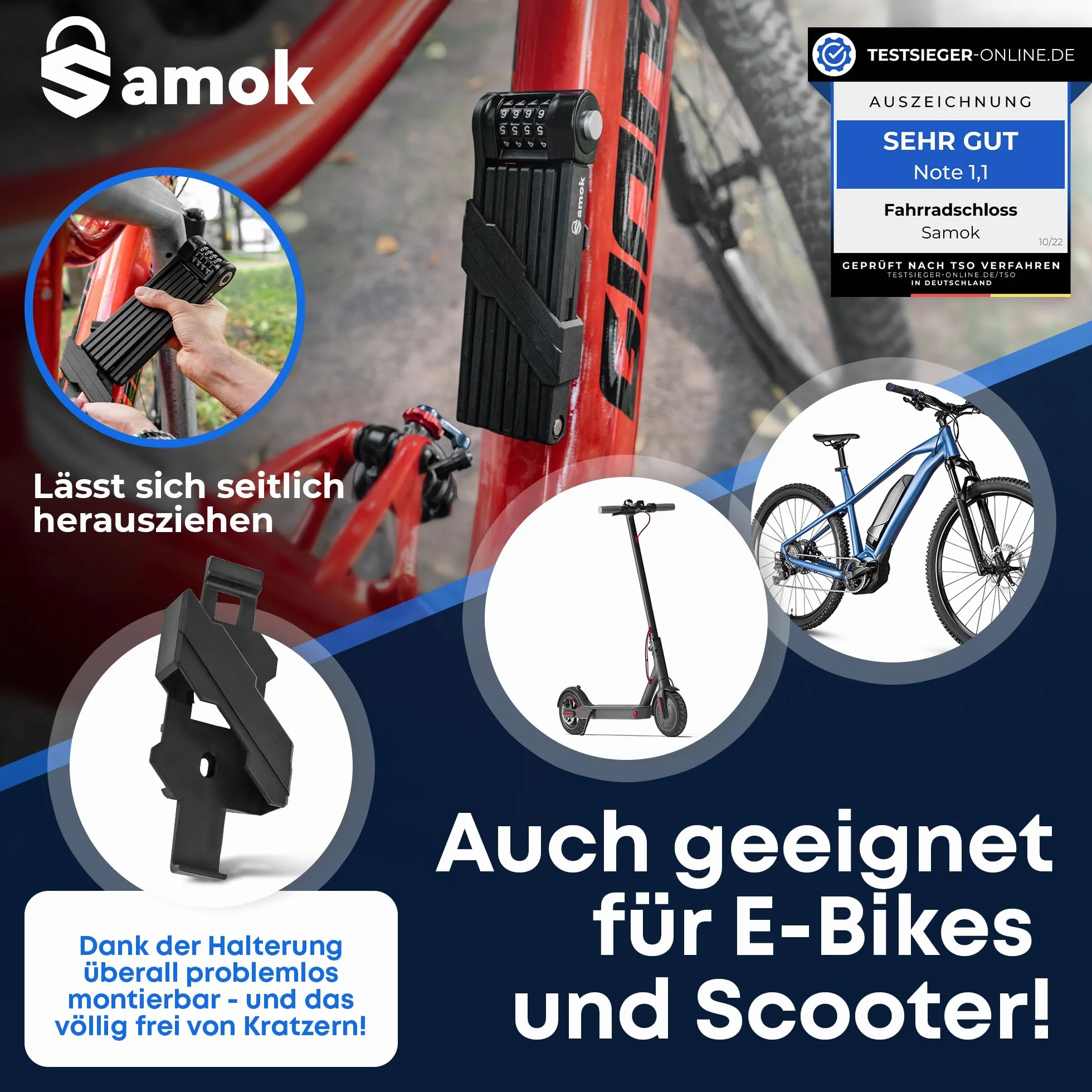 Samok® Zamek rowerowy z 4-cyfrowym kodem 120 cm wraz z uchwytem – składane zapięcie rowerowe, stal składana, z numerami i cyframi, wysoki poziom bezpieczeństwa 10, zabezpieczenie przed kradzieżą