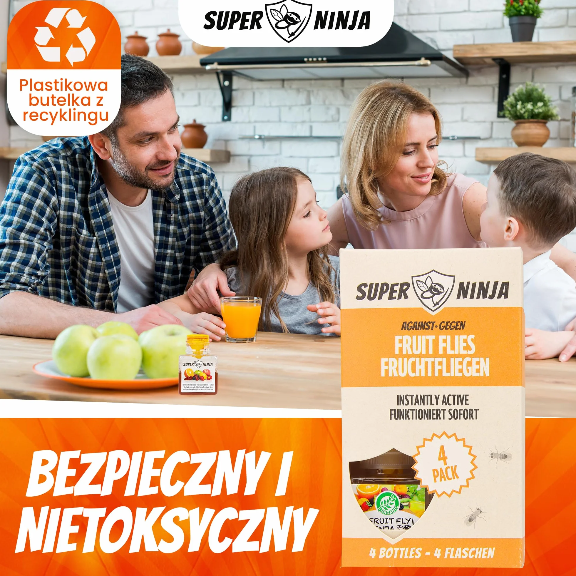 Super Ninja Pułapka na muchy owocowe - Ekologiczne i skuteczne pułapki na muchy owocowe do użytku wewnątrz pomieszczeń - Przyjazne dla środowiska - Do 3 tygodni na butelkę (4 Szt)