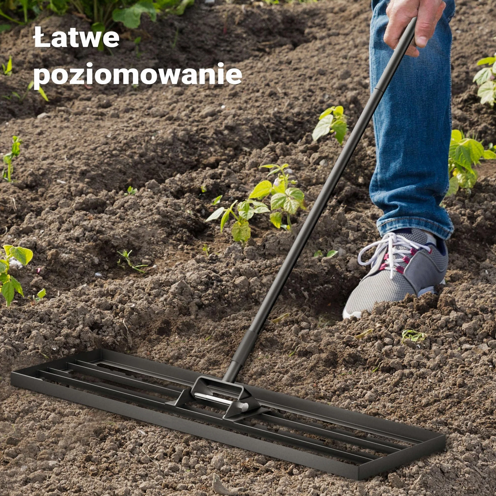 Wiltec Niwelator ręczny 25,4 cm x 121,9 cm aluminiowy z regulowanym kijem 2 m, grabie do wyrównywania trawnika, równiarka kretowisk