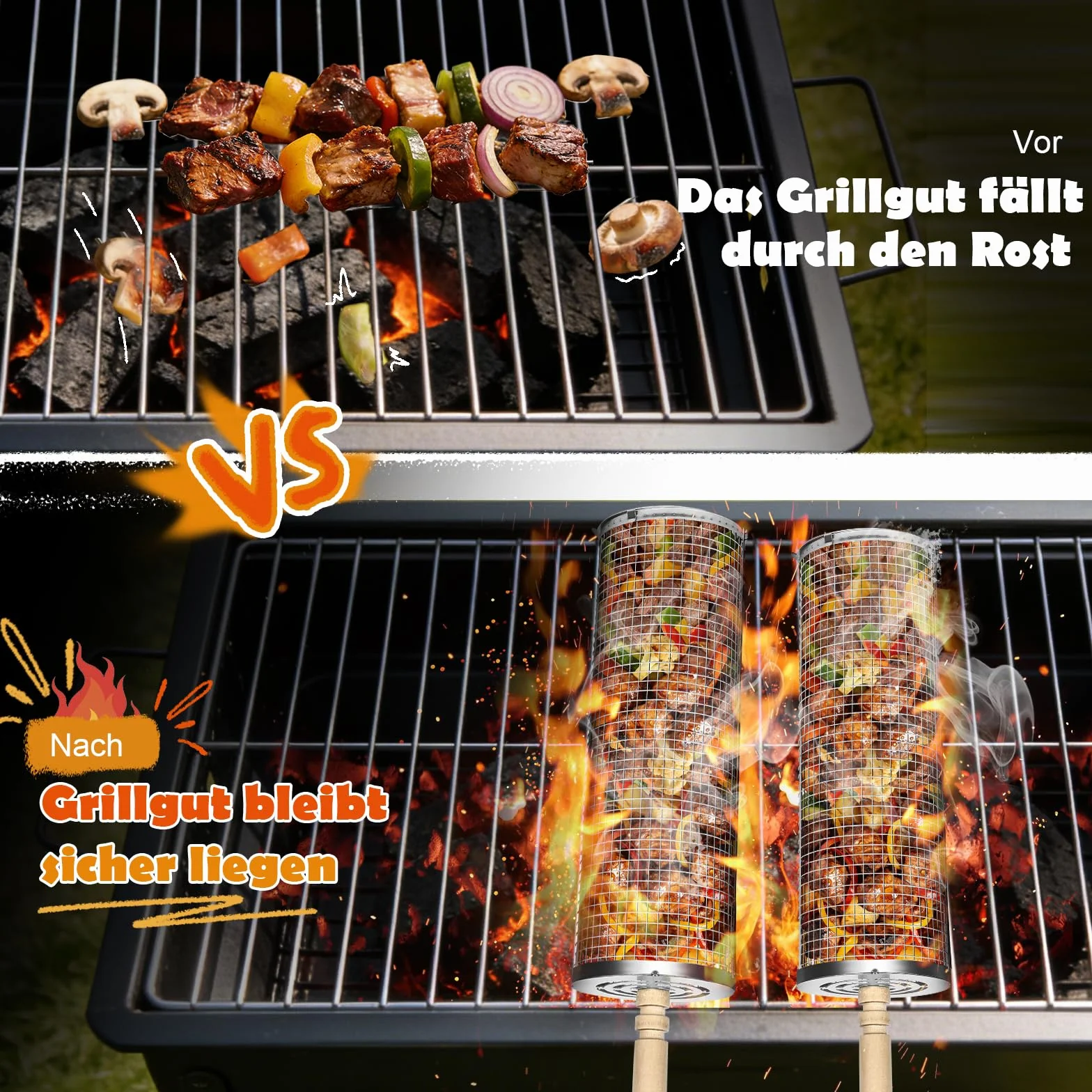 Zestaw koszy grillowych Ezilif na rolkach, z odpinanym drewnianym uchwytem, stal szlachetna 304, akcesoria grillowe do warzyw, mięsa i owoców morza, Nadaje się do grilla na węgiel drzewny, grilla