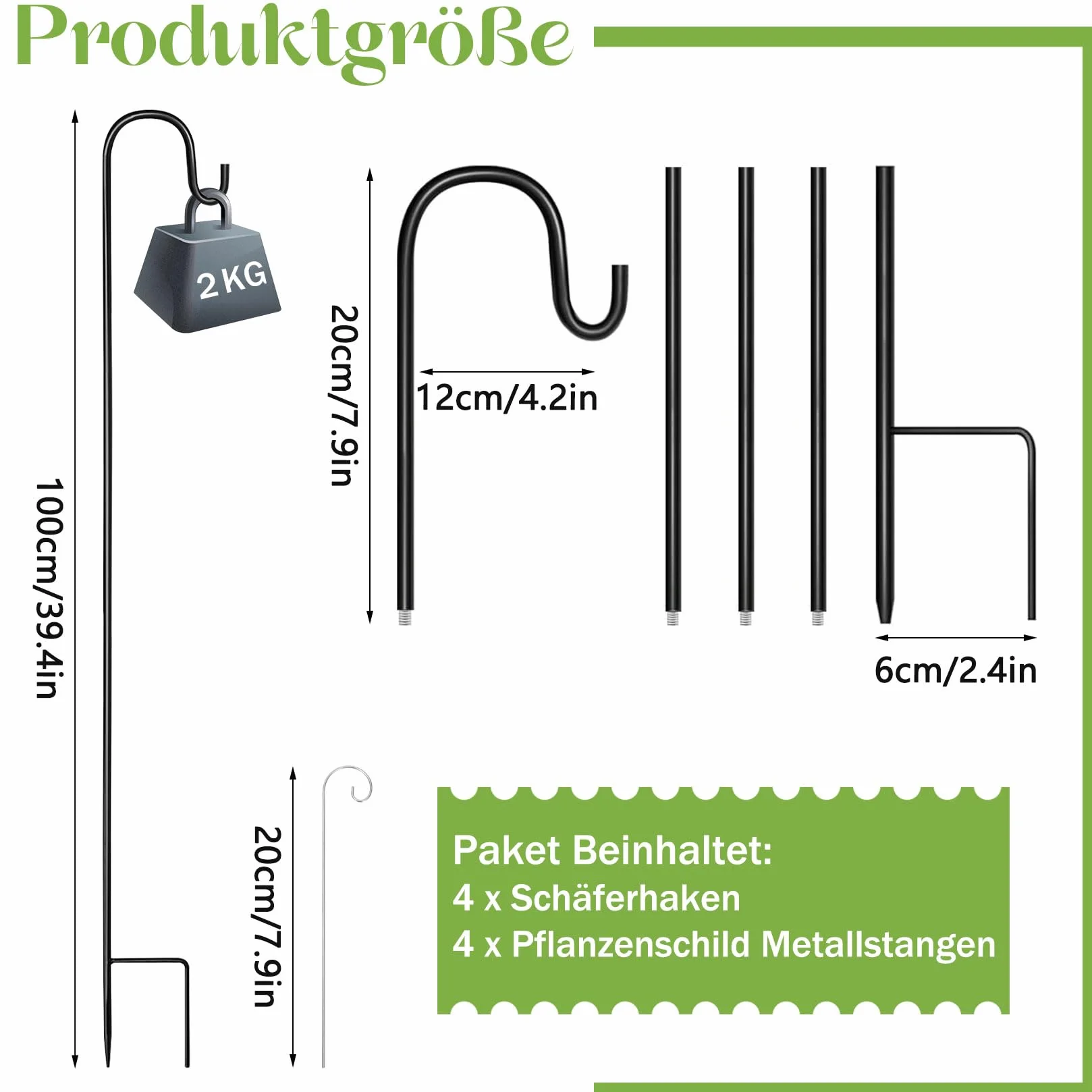 Haczyki pasterskie 100 cm, 4 sztuki haczyków pasterskich z 4 tabliczkami na rośliny, z regulacją wysokości, pręt pasterski, metalowy pręt ogrodowy z hakiem do klatek dla ptaków, dzwonków