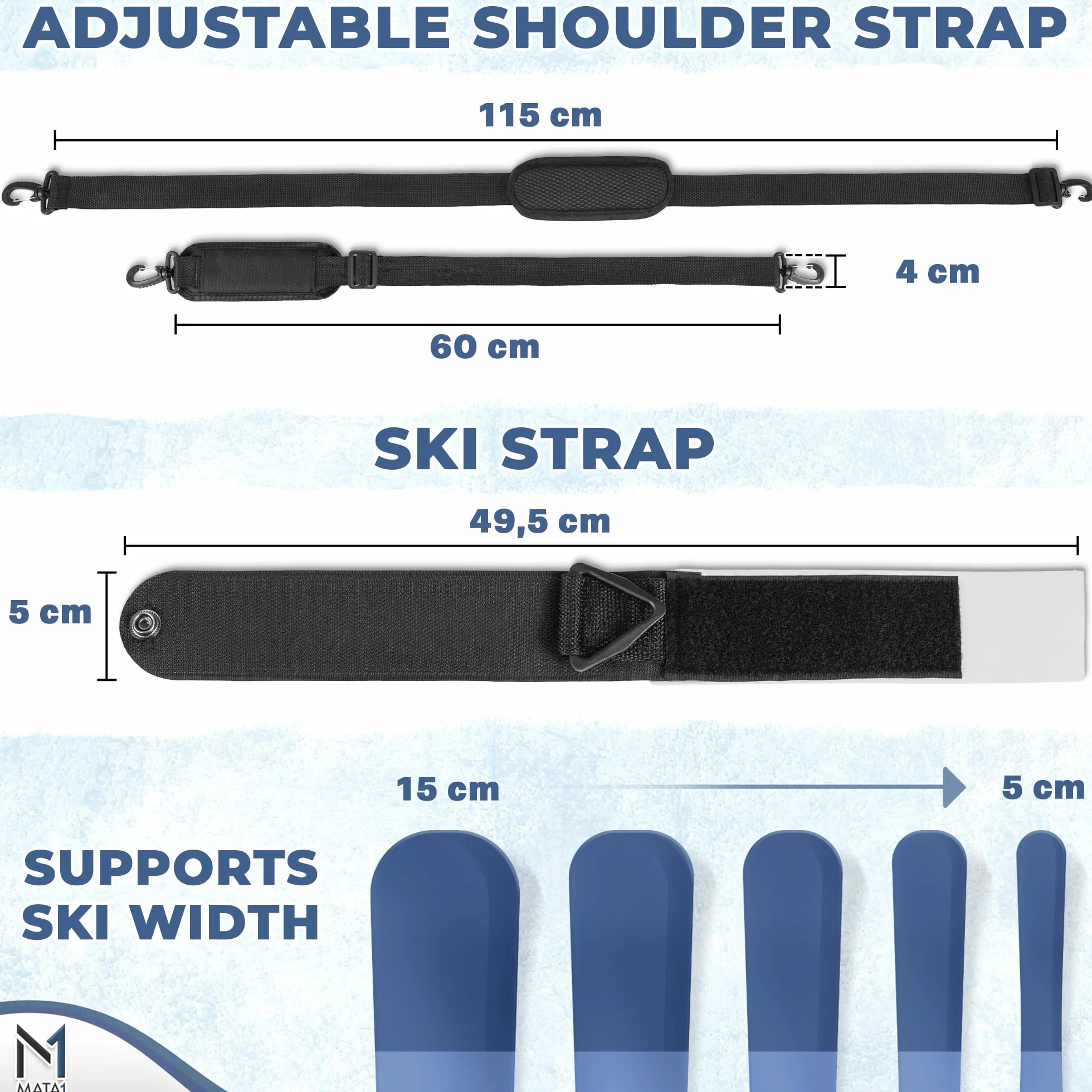 Ski Strap and Pole Carrier – Black – Adjustable shoulder strap for easy carrying of skis and poles