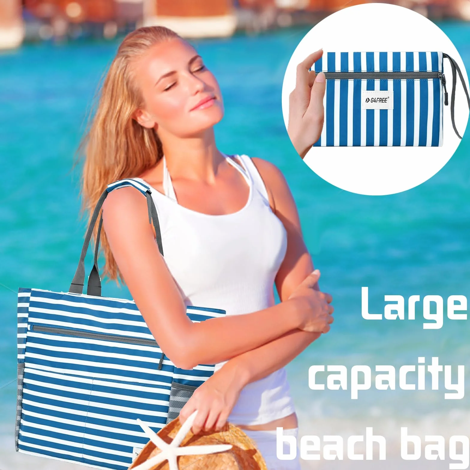 LUKIUP Torba plażowa XL z mini torbą kąpielową, czarna
