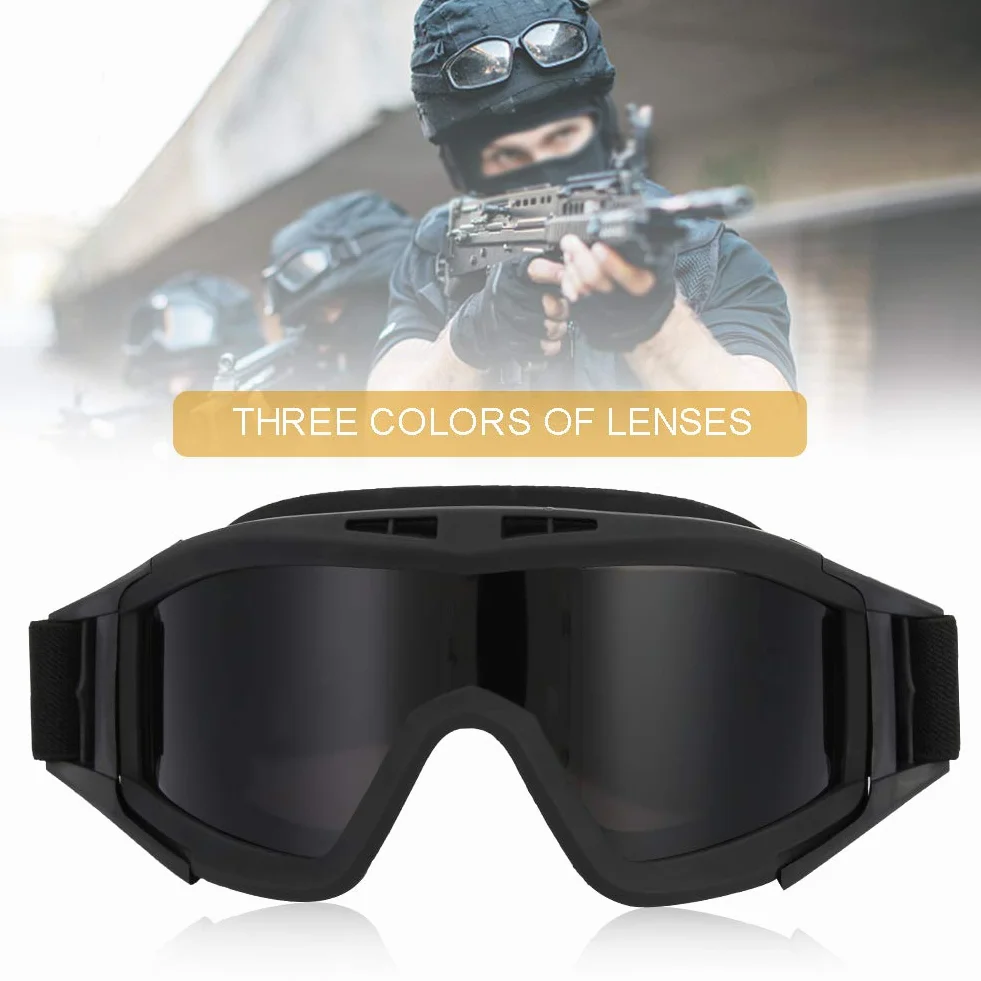 Alomejor Okulary taktyczne przeciwmgielne Okulary ochronne z 3 soczewkami ochronnymi do jazdy na rowerze, paintball, taktyczne, Airsoft Ski(czarne)