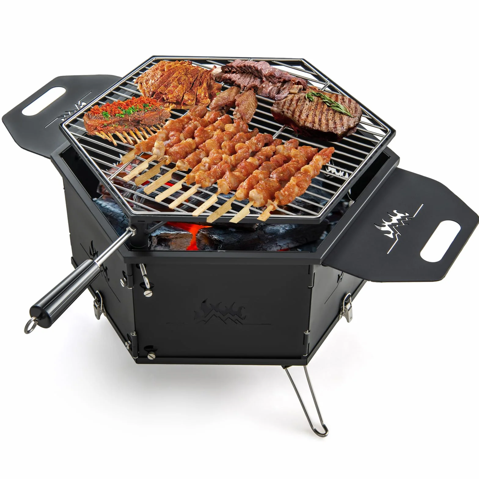 COSTWAY Duży grill na węgiel drzewny, obracany o 360°, palenisko 2 w 1, składany grill, grill kempingowy z uchwytami do gotowania i ogrzewania, na imprezy, kemping, wędrówki z plecakiem, 77 x 74 x 38