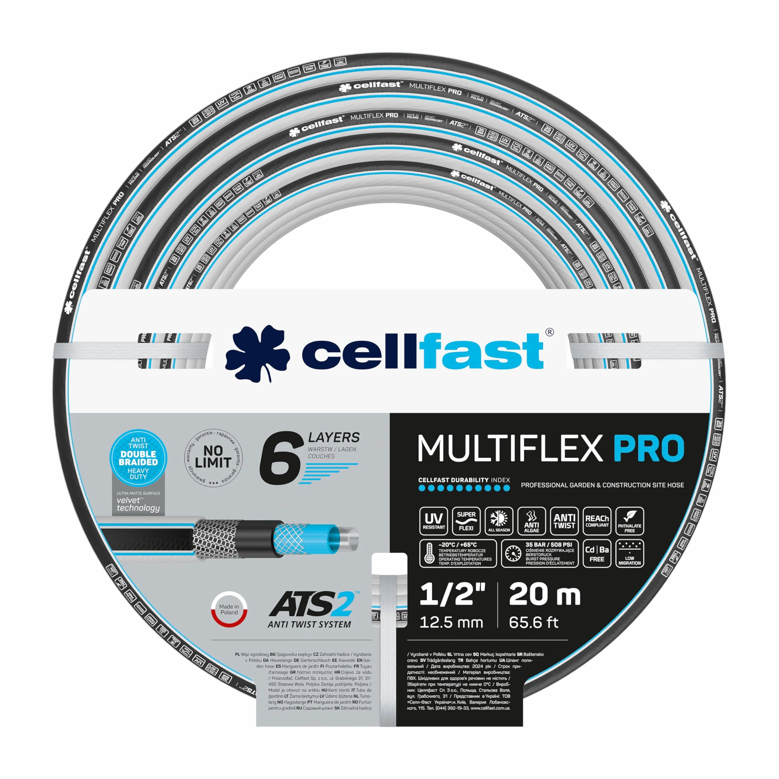 Cellfast Wąż Ogrodowy MULTIFLEX PRO, Wytrzymały, 6-Warstwowy, oplot trykotowy ATS2, Odporny na UV i Glony, Wolny od metali ciężkich, technologia velvet, 35 Bar, -20/+65°С temp. 1/2", 20m