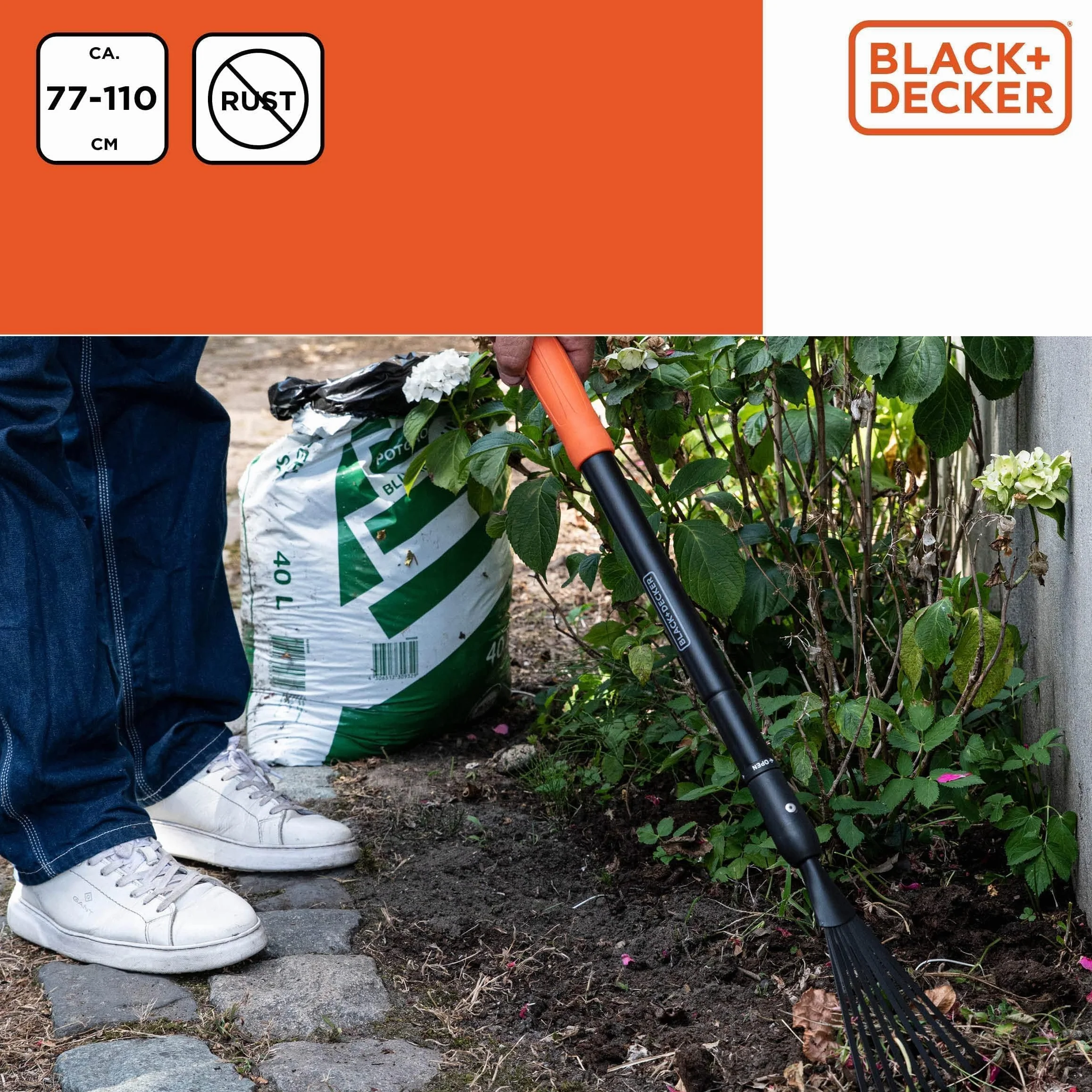 BLACK+DECKER Laubrechen BXGTTO7050 – regulacja od 77 do 110 cm – grabie – odporne na rdzę – czarne/pomarańczowe