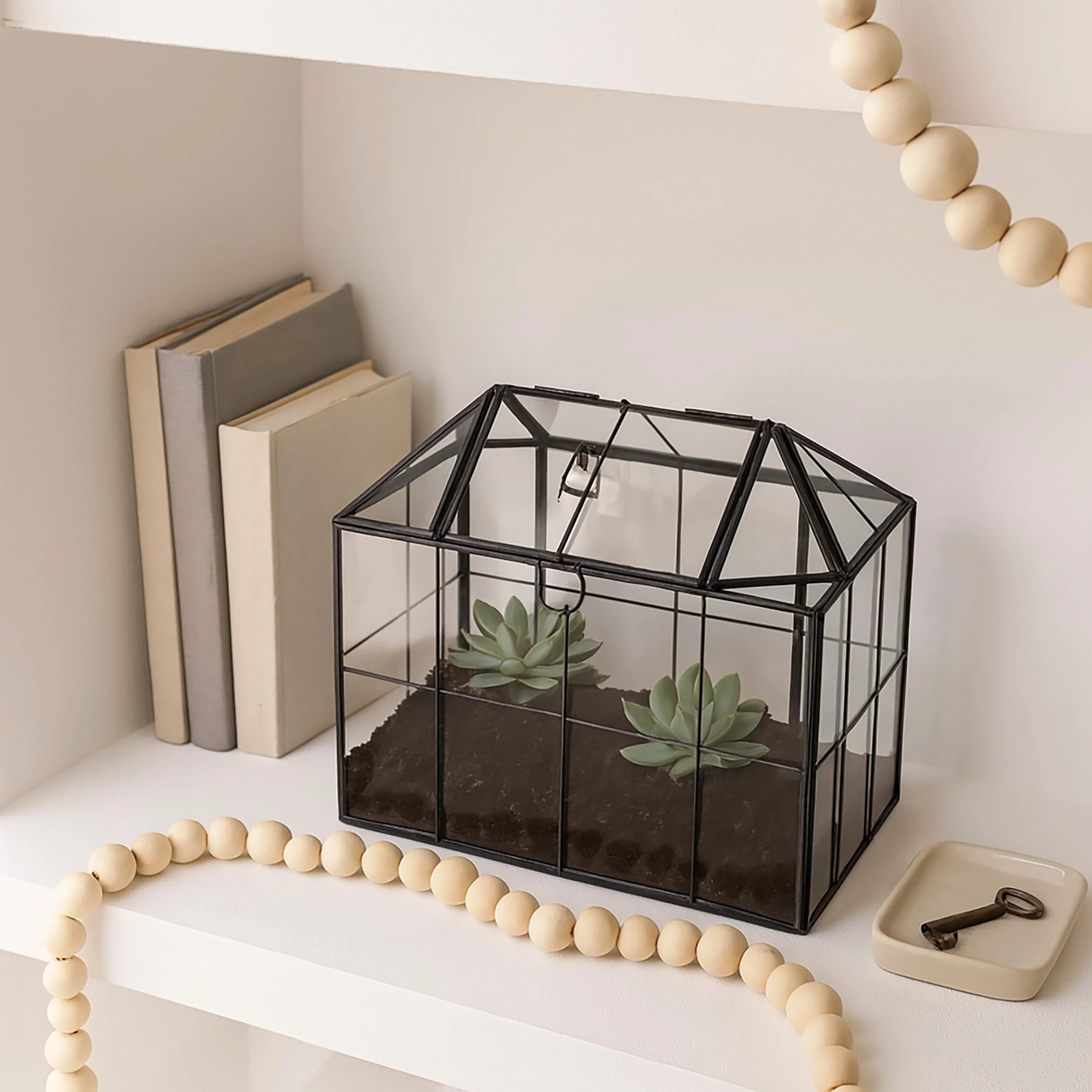 Relaxdays Terrarium roślinne, szkło i cyna, dekoracyjny szklany domek na kaktusy i mech, szklana skrzynka na parapet, czarna