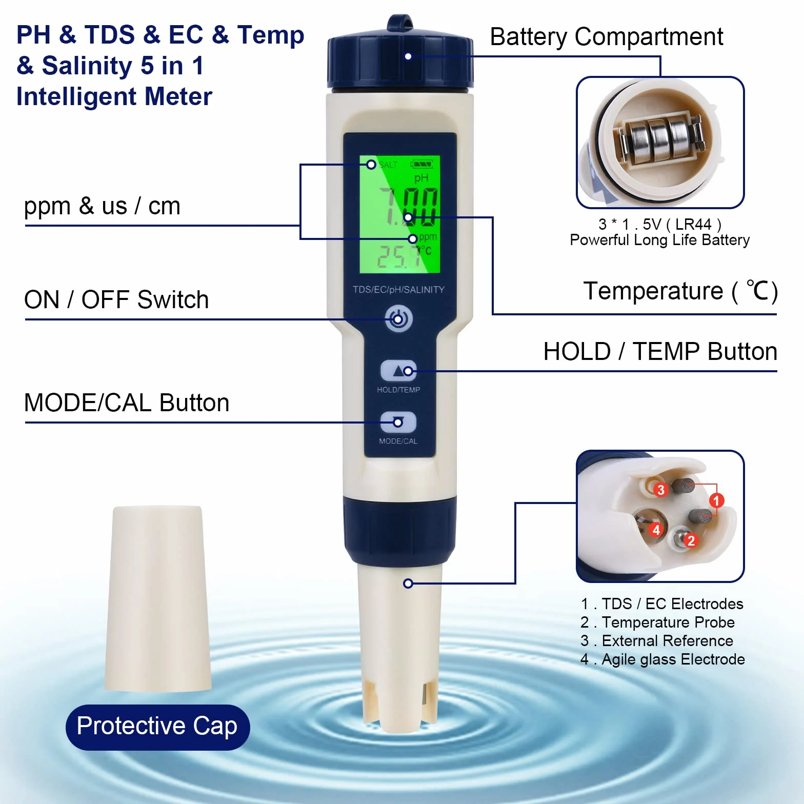 Flintronic Miernik pH, 5 w 1 TDS/EC/zasolenia/temp/pH tester basenu, cyfrowy miernik PH, automatyczna kompensacja temperatury, dokładny wyświetlacz LCD, do basenu, spa