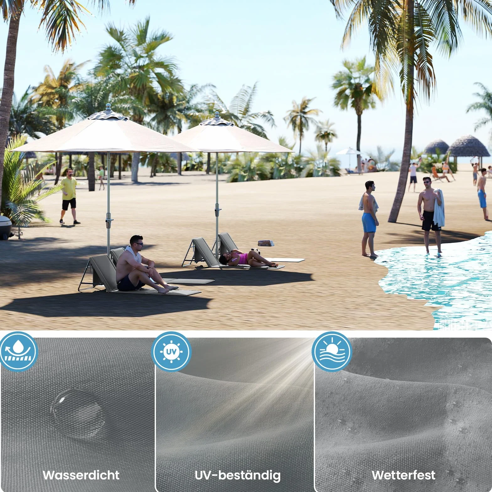 UDPATIO Zestaw 2 mat plażowych z oparciem, regulowane leżaki plażowe, składane, lekkie, składane leżaki na plażę, obciążenie 150 kg, mata przeciwsłoneczna, wyściełana torbą, szara, wodoszczelna