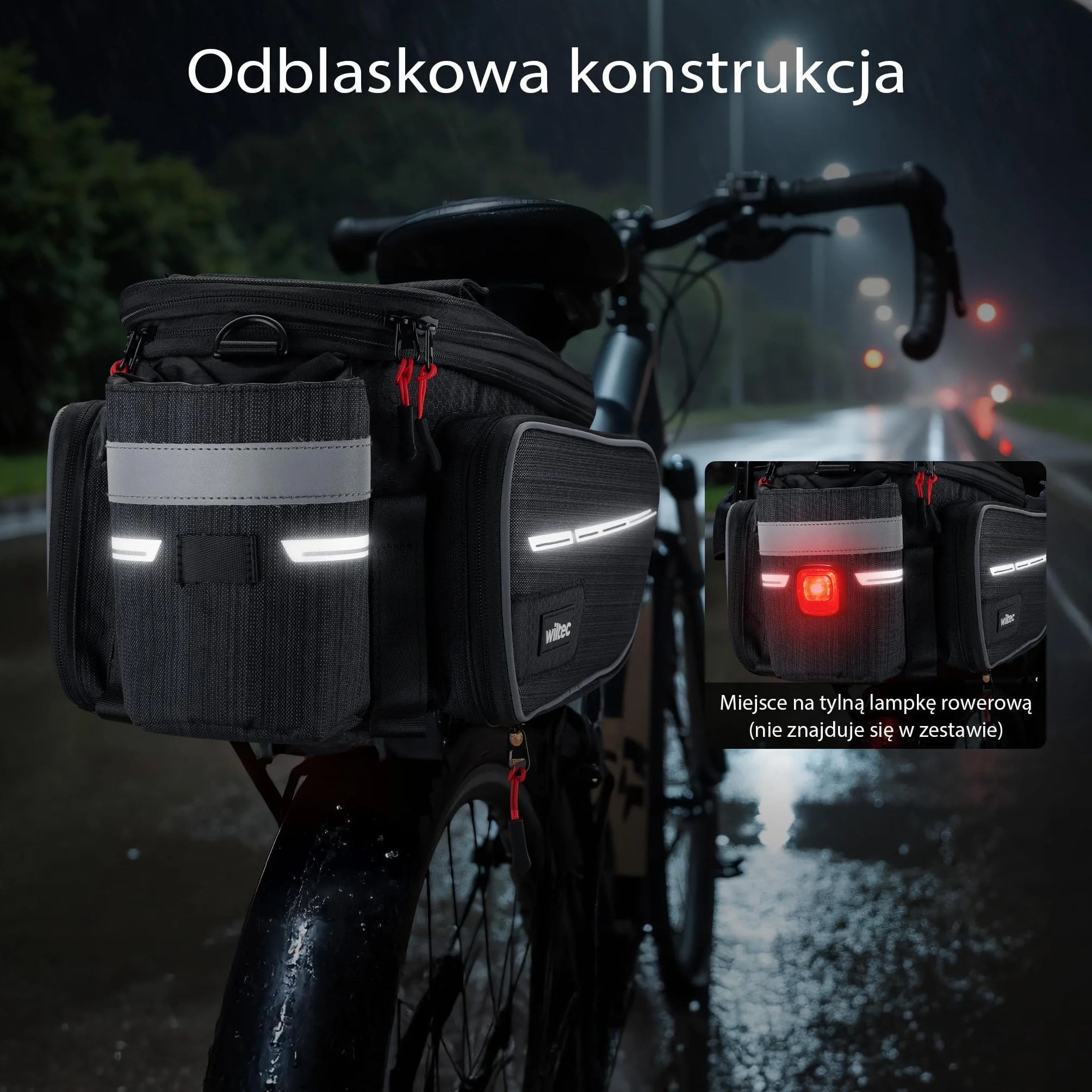 Wiltec sakwa rowerowa 20 l wodoodporna czarna 3 przegrody montaż na bagażnik