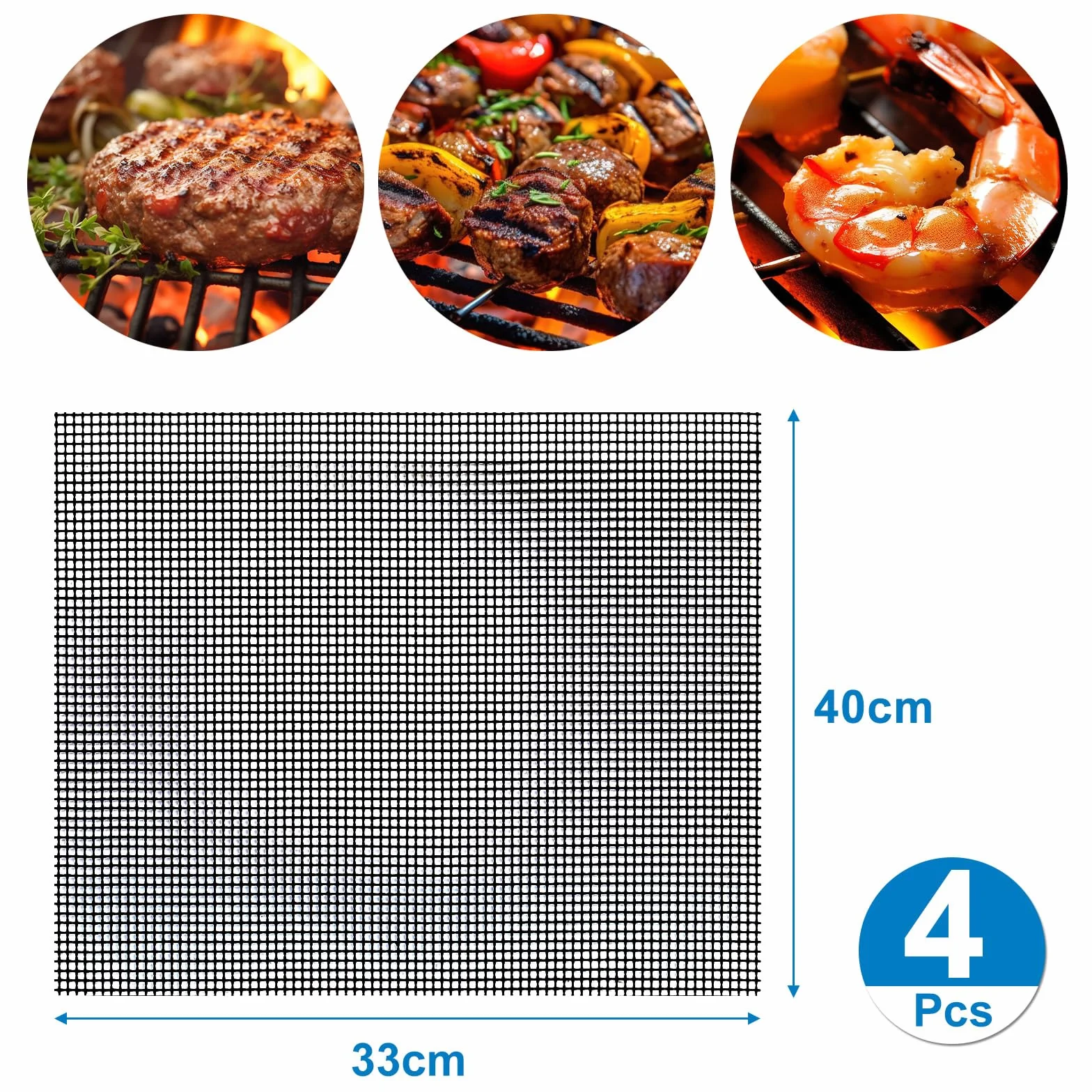 GWHOLE Zestaw 4 mat do grilla BBQ, nieprzywierające siatki do grillowania wielokrotnego użytku do grilla gazowego, węglowego i elektrycznego oraz piekarnika, odporne na wysoką temperaturę, arkusze do