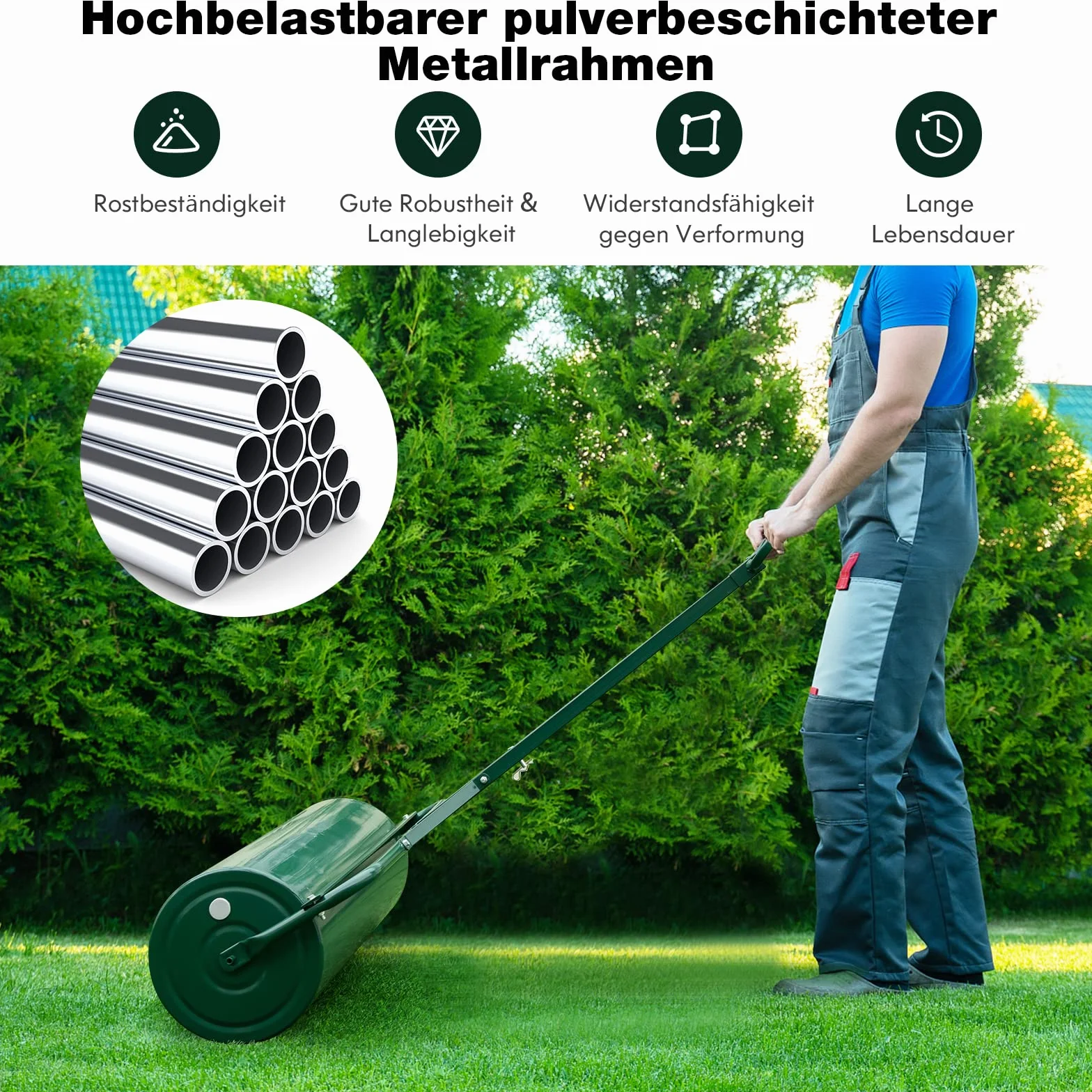 FANTASK Walec do trawy z metalu, średnica 30 cm, z uchwytem 63 l, bęben do dużych obciążeń, wałek do trawy napełniany wodą i piaskiem, wałek ogrodowy, bęben do trawy