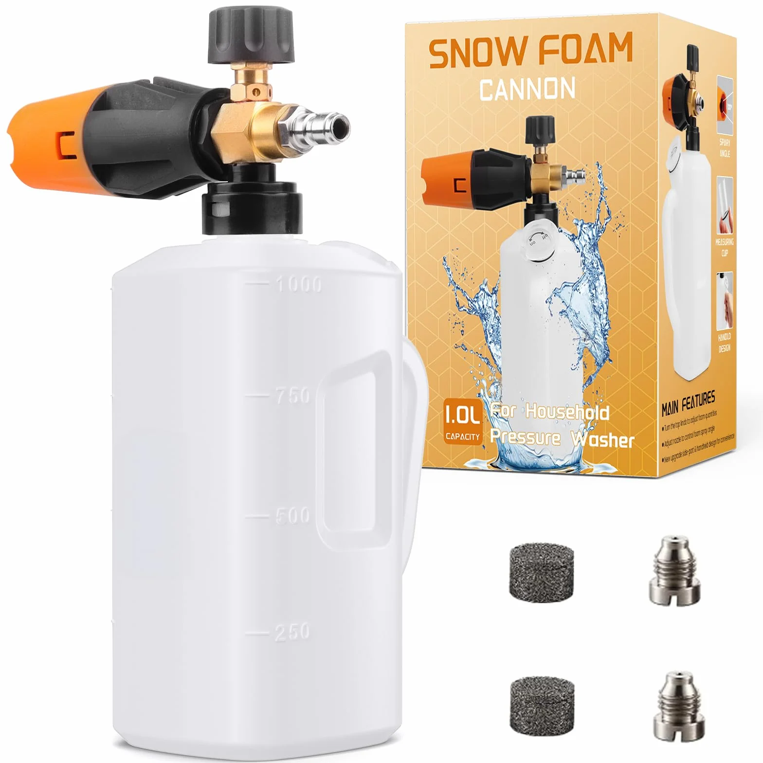 Fai Top Działko piankowe 1 l do myjki ciśnieniowej - regulowana dysza rozpylacza, szybkie połączenie 1/10.2 cm, lanca z pianki śnieżnej do mycia samochodu, dodatkowe otwory 1,1 mm i 1,35 mm, filtr