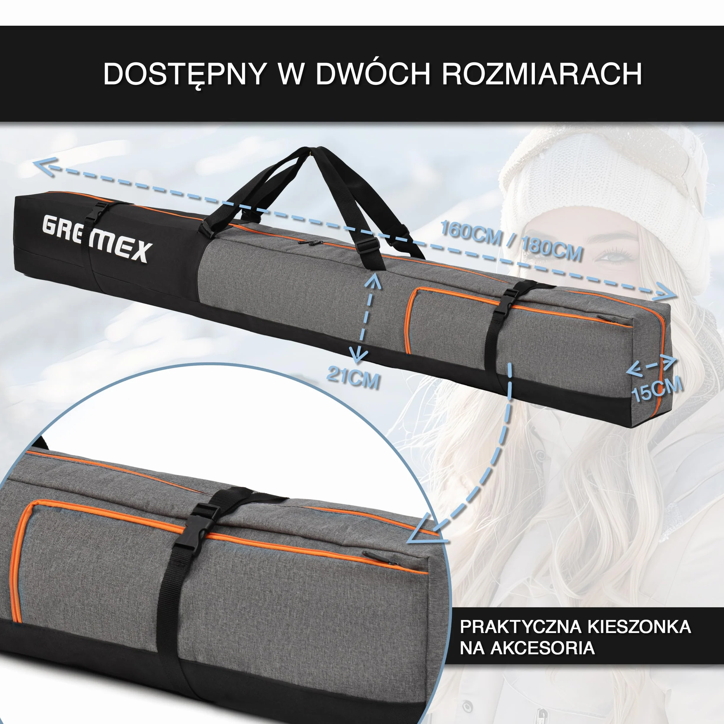 Torba na narty Gremex wodoodporna lekka pokrowiec na 1 parę nart alpejskich