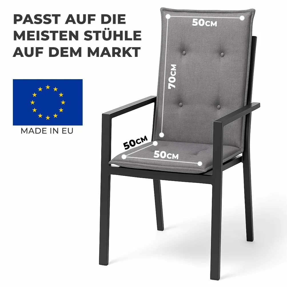 2x Poduszka na krzesła ogrodowe z wysokim oparciem 120x50cm - 8cm Grubości - Premium Materiał 200gsm - Odporne na UV i wodę | Pikowane siedziska z gumką do mocowania | Ciemnoszary