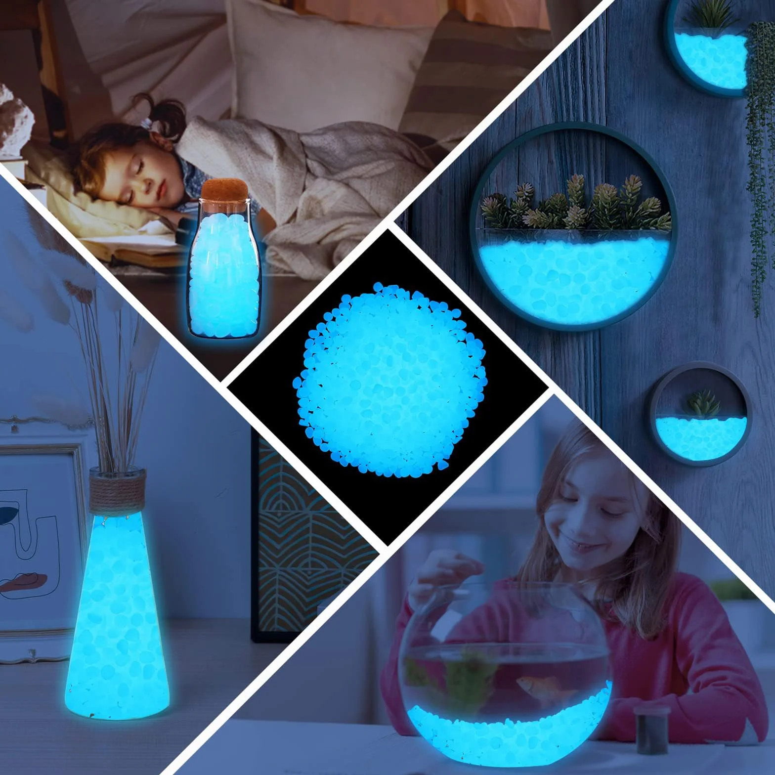 MOGADEE® 300 sztuk białych świecących kamieni do ogrodu, świecące kamienie do ogrodu, kamienie fluorescencyjne, dekoracja akwariowa, kamienie dekoracyjne, chodniki, trawnik, ogród (1 cm + 2-3 cm)